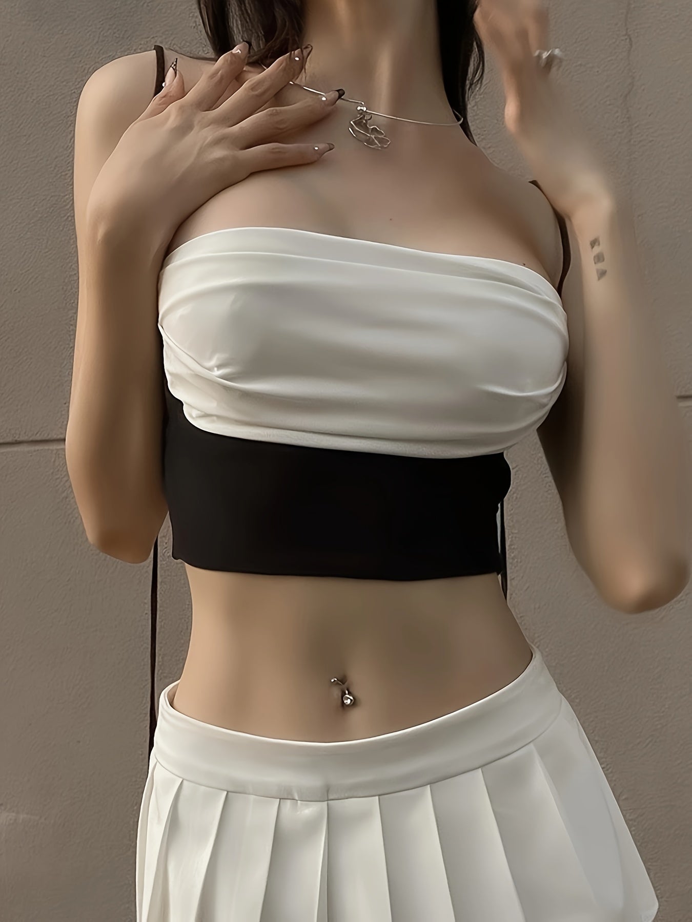 Sixsr Faux Twinset Halter Neck Top, Y2K Color Block Crop Halter Top For Summer, Women's Clothing