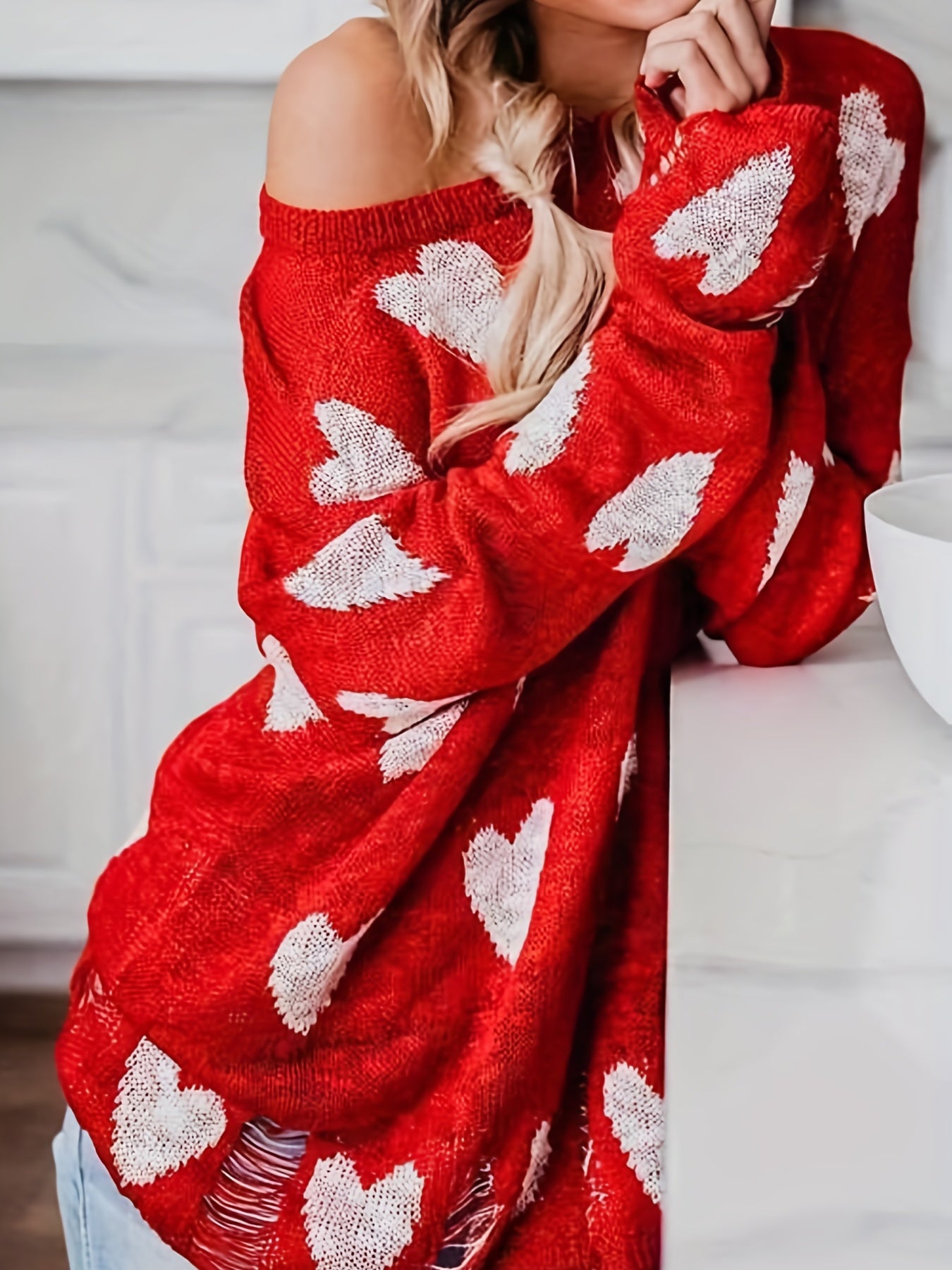Sixsr Plus Size Casual Sweater, Women's Plus Heart Print Ripped Long Sleeve One Shoulder Sweater