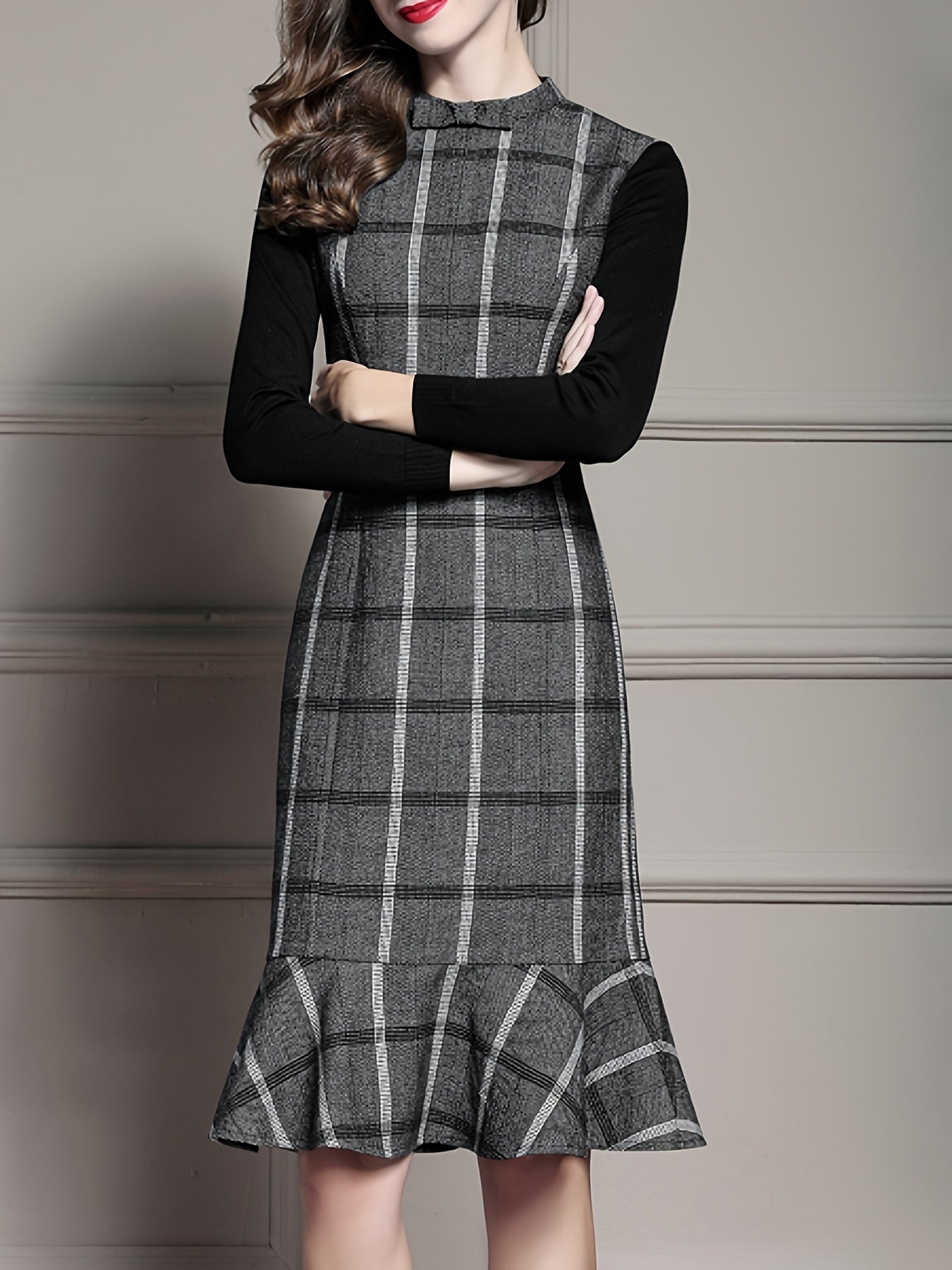 Sixsr Plaid Print Mermaid Hem Dress, Elegant Long Sleeve Bodycon Party Dress, Women's Clothing