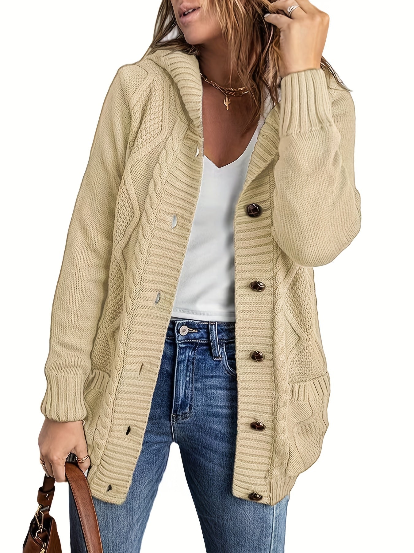 Sixsr Plus Size Casual Sweater, Women's Plus Plain Cable Button Up Hooded Long Sleeve Jumper