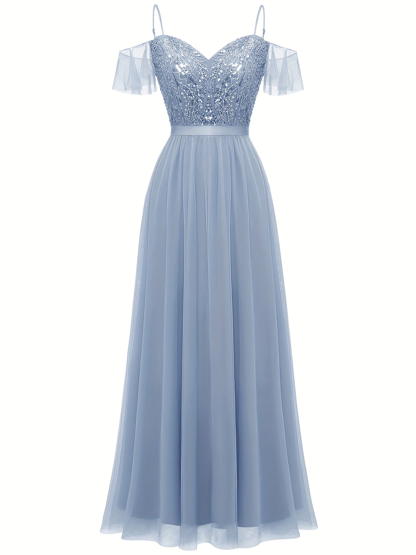 Sixsr Contrast Sequin Spaghetti Strap Bridesmaid Dres, Elegant Short Sleeve A-line Evening Dress For Party & Banquet, Women's Clothing