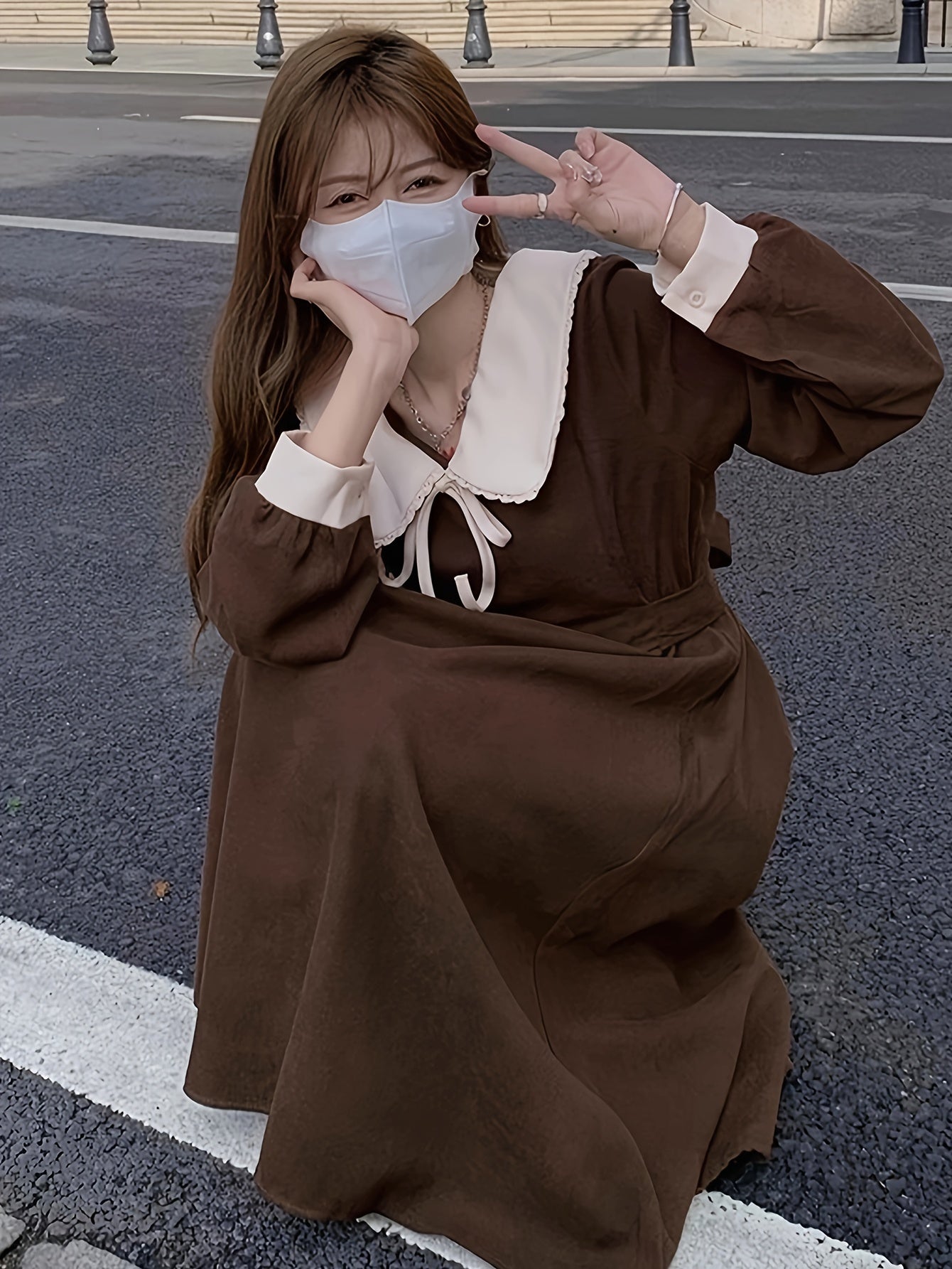 Sixsr Color Block Peter Pan Collar Dress, Casual Long Sleeve A-line Tied Dress, Women's Clothing