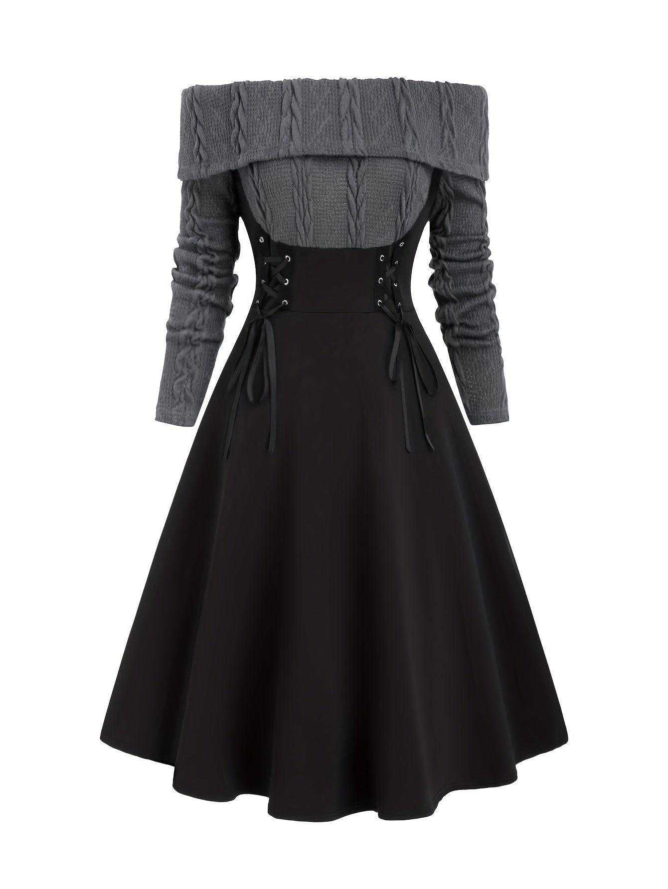 Sixsr Color Block Off Shoulder Dress, Elegant Vintage Long Sleeve Dress, Women's Clothing