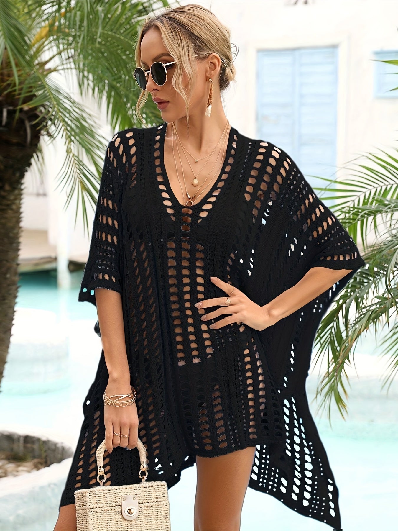Sixsr Cut Out Crochet Cover Up Top, Sexy Beach Wear V-neck Cover Up, Women's Clothing