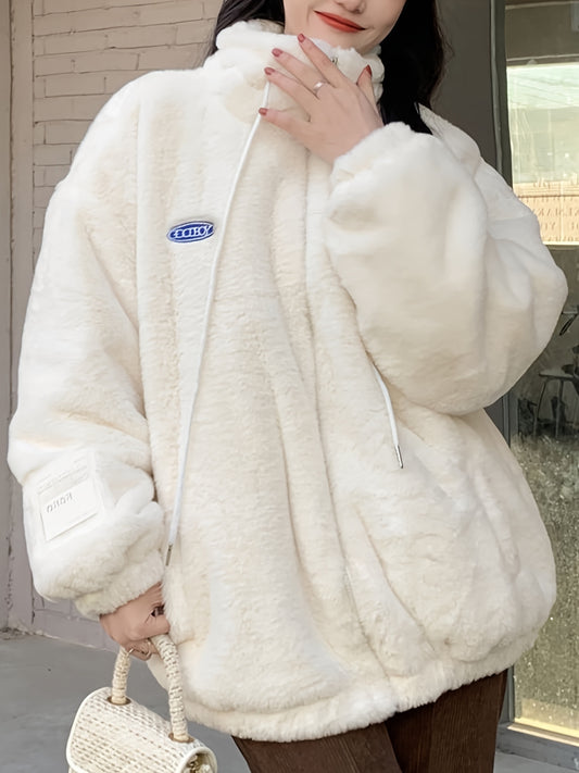 Sixsr Letter Print Zipper Front Loose Coat, Casual Drawstring Turtle Neck Long Sleeve Coat For Fall & Winter, Women's Clothing