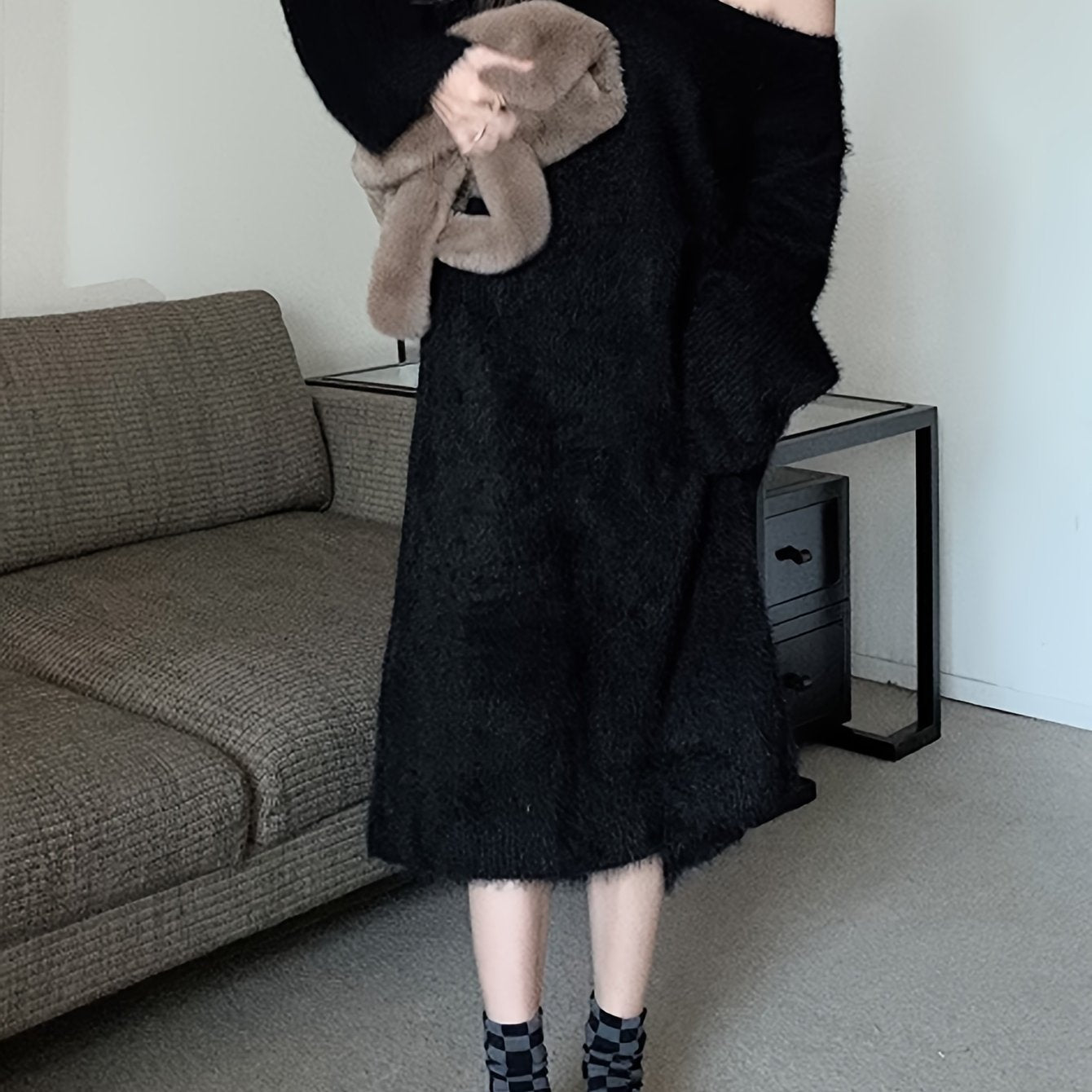 Sixsr Solid Faux Fur Long Sleeve Dress, Thermal V Neck Dress For Fall & Winter, Women's Clothing