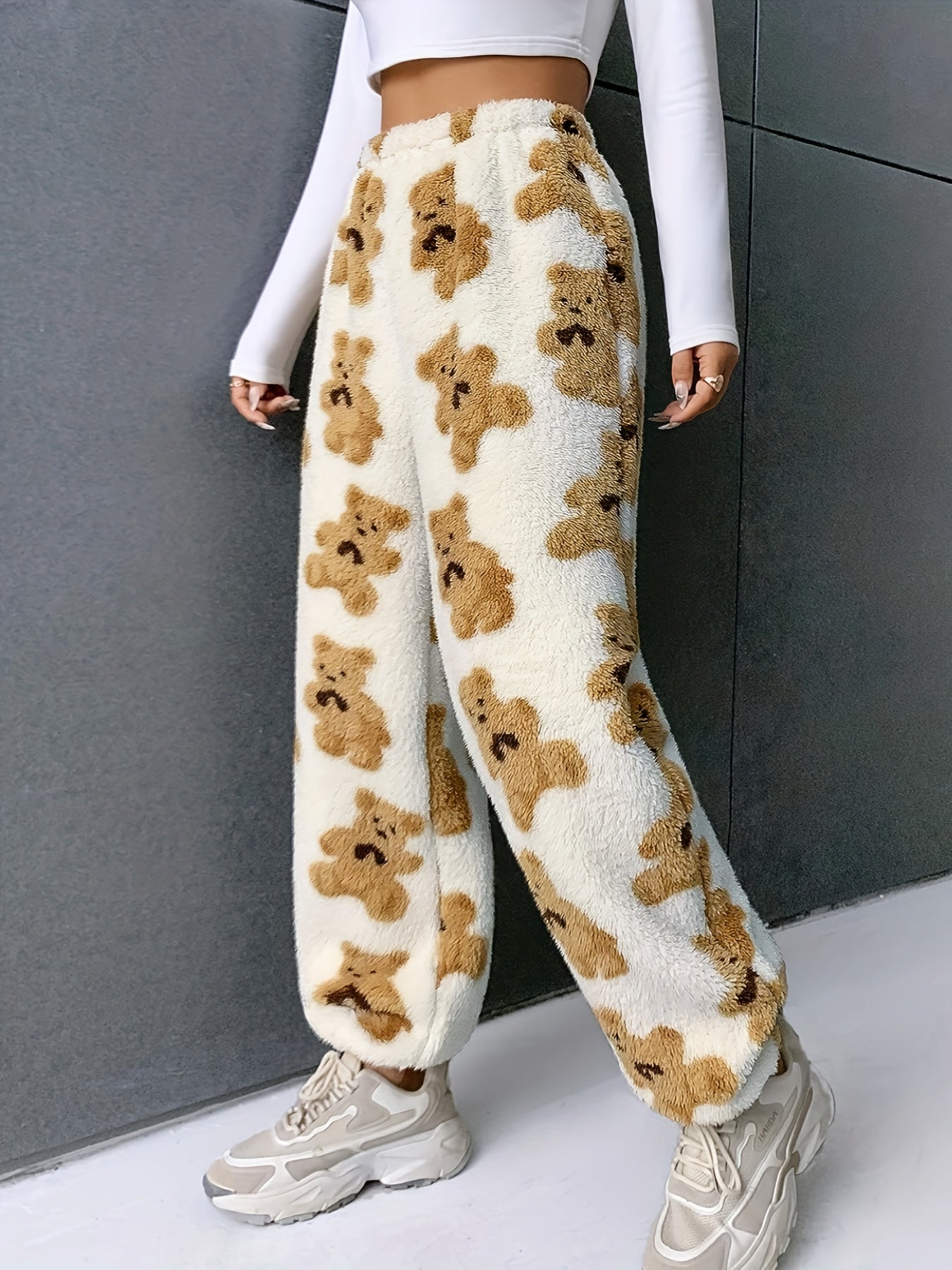 Sixsr Bear Pattern Plush Baggy Joggers, Casual High Waist Pants, Women's Clothing