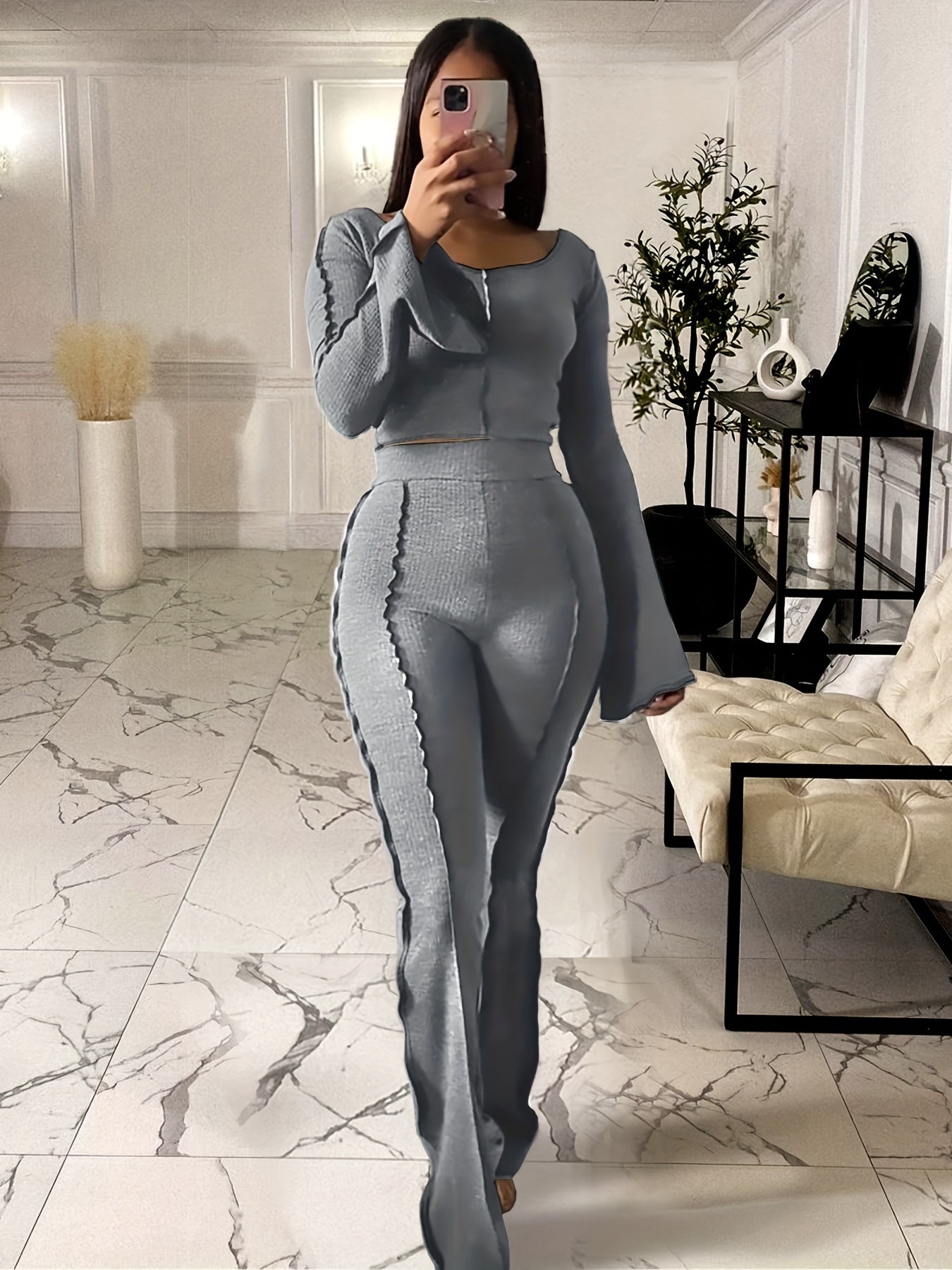 Sixsr Solid Rib Two-piece Set, Flared Sleeve Crew Neck Tops & High Waist Long Length Pants Outfits, Women's Clothing