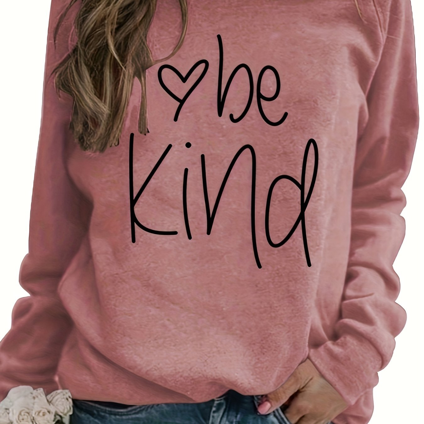 Sixsr Be Kind Letter Print Sweatshirt, Long Sleeve Crew Neck Pullover Sweatshirt, Casual Tops For Fall & Winter, Women's Clothing
