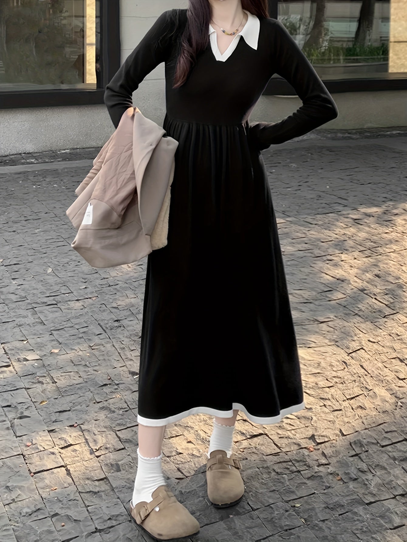 Sixsr Contrast Trim Collared Aline Dress, Elegant Long Sleeve Smocked Dress For Spring & Fall, Women's Clothing