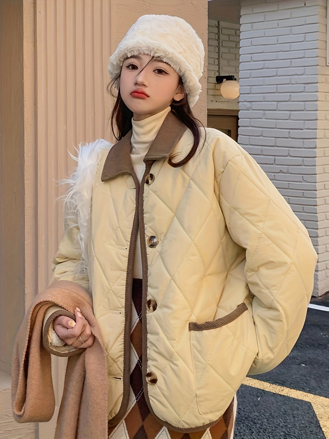 Sixsr Contrast Trim Button Front Jacket, Casual Long Sleeve Outerwear With Pockets, Women's Clothing