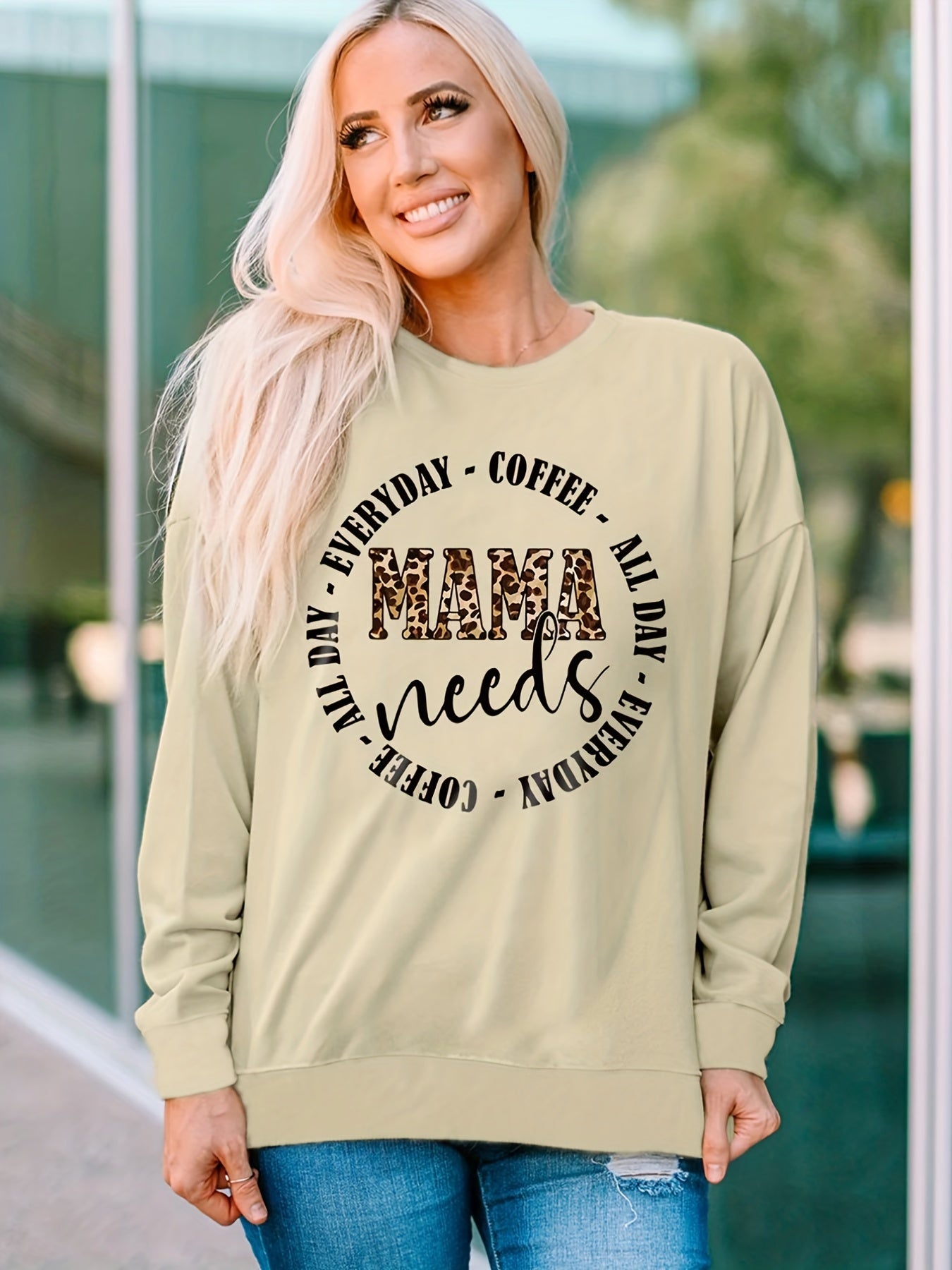 Sixsr Plus Size Casual Sweatshirt, Women's Plus Leopard Letter Print Long Sleeve Crew Neck Slight Stretch Pullover Sweatshirt, Casual Tops For Fall & Winter, Women's Clothing