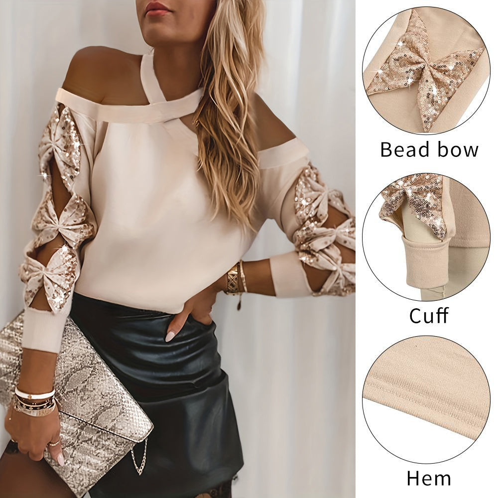 Sixsr Plus Size Sexy Top, Women's Plus Solid Sequin Decor Cold Shoulder Cut Out Long Sleeve Criss Cross Halter Neck Medium Stretch Top