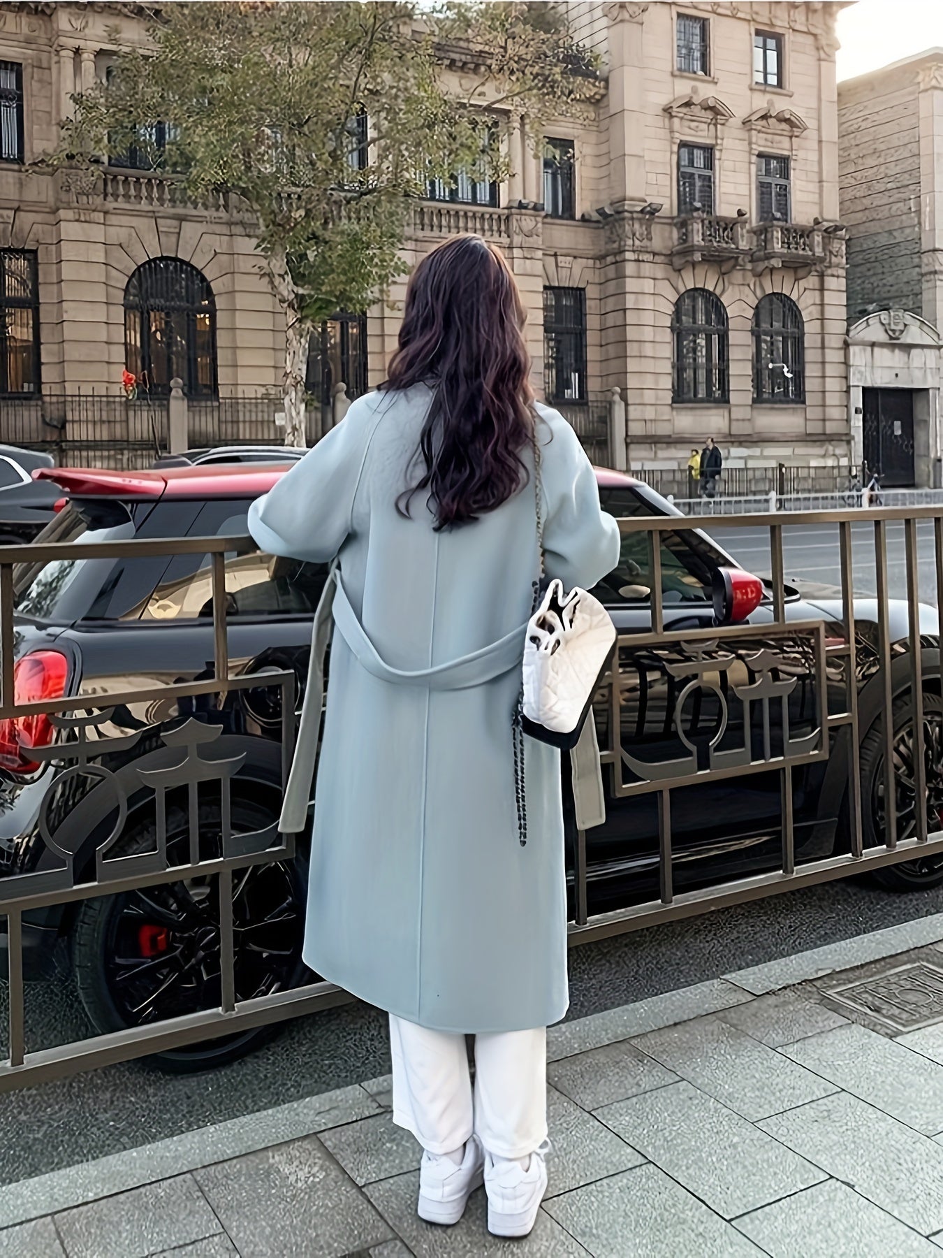 Sixsr Solid Double Breasted Lapel Overcoat, Elegant Long Sleeve Belted Winter Outwear, Women's Clothing