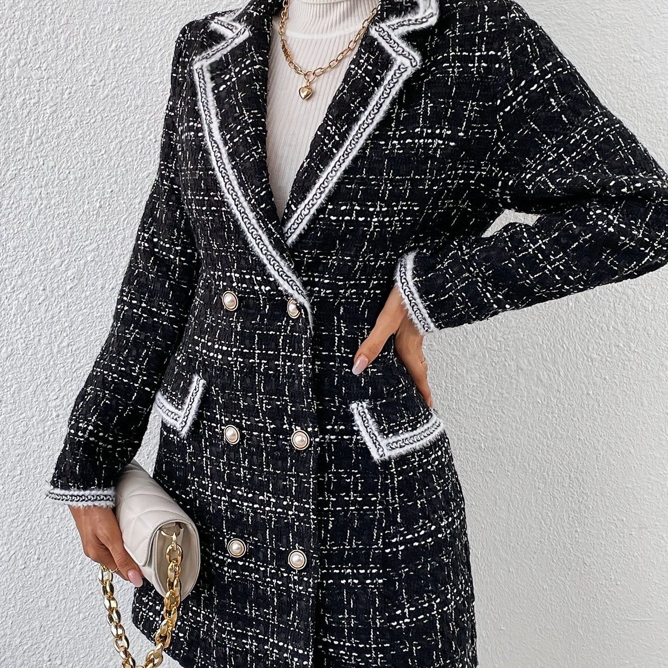 Sixsr Contrast Trim Double Breasted Blazer, Elegant Lapel Long Sleeve Outerwear, Women's Clothing