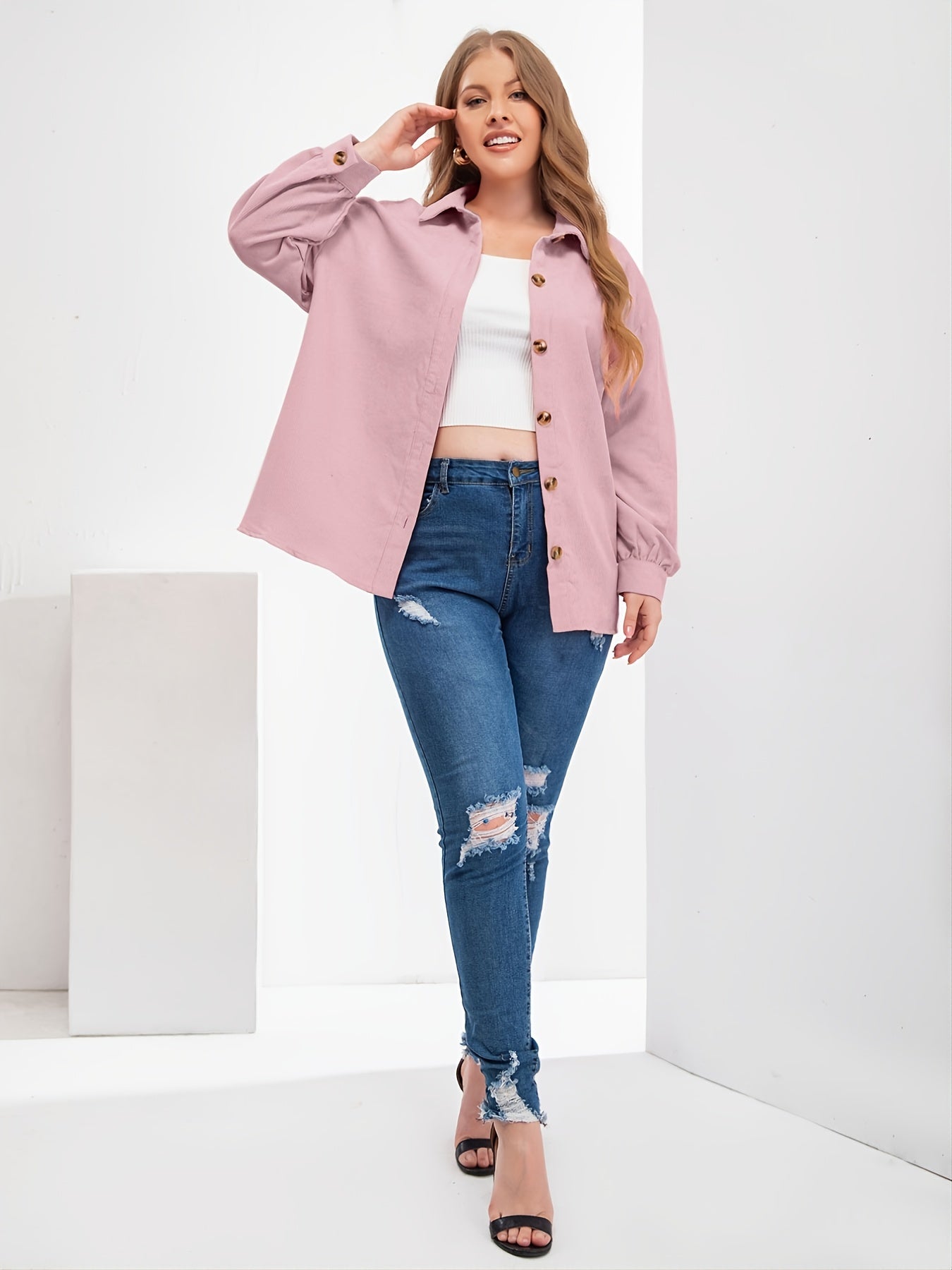 Sixsr Plus Size Solid Button Front Rib Knit Jacket, Women's Plus Casual Fall Winter Outerwear Coat
