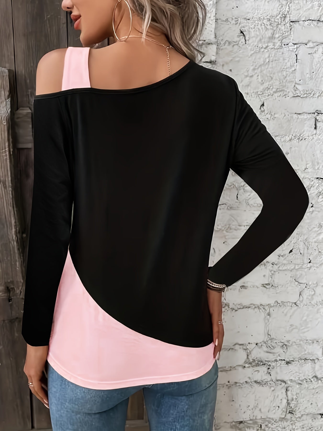 Sixsr Plus Size Casual Top, Women's Plus Colorblock Long Sleeve One Shoulder Medium Stretch Top