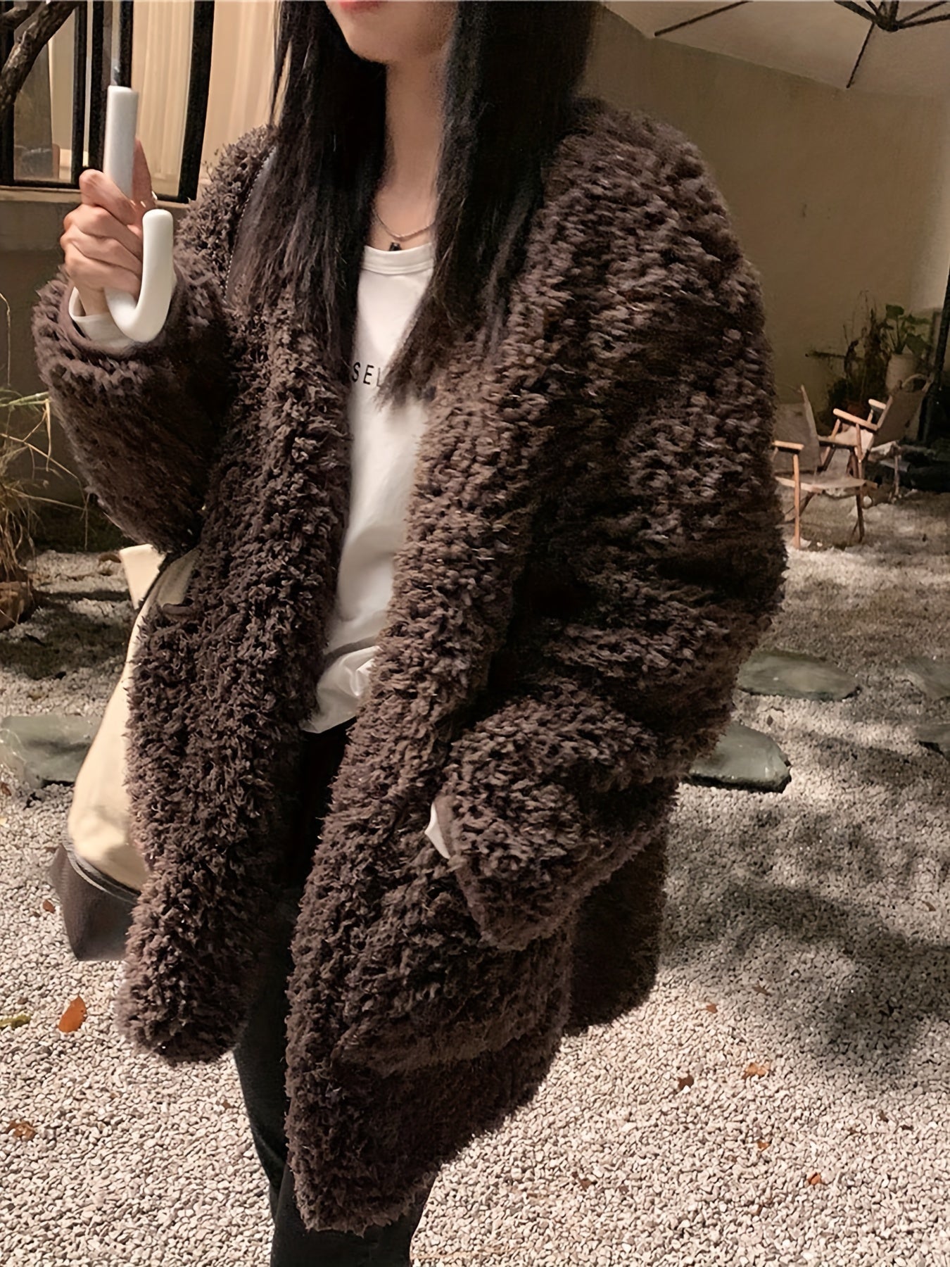 Sixsr Faux Fur Open Front Coat, Casual Long Sleeve Winter Warm Outerwear, Women's Clothing