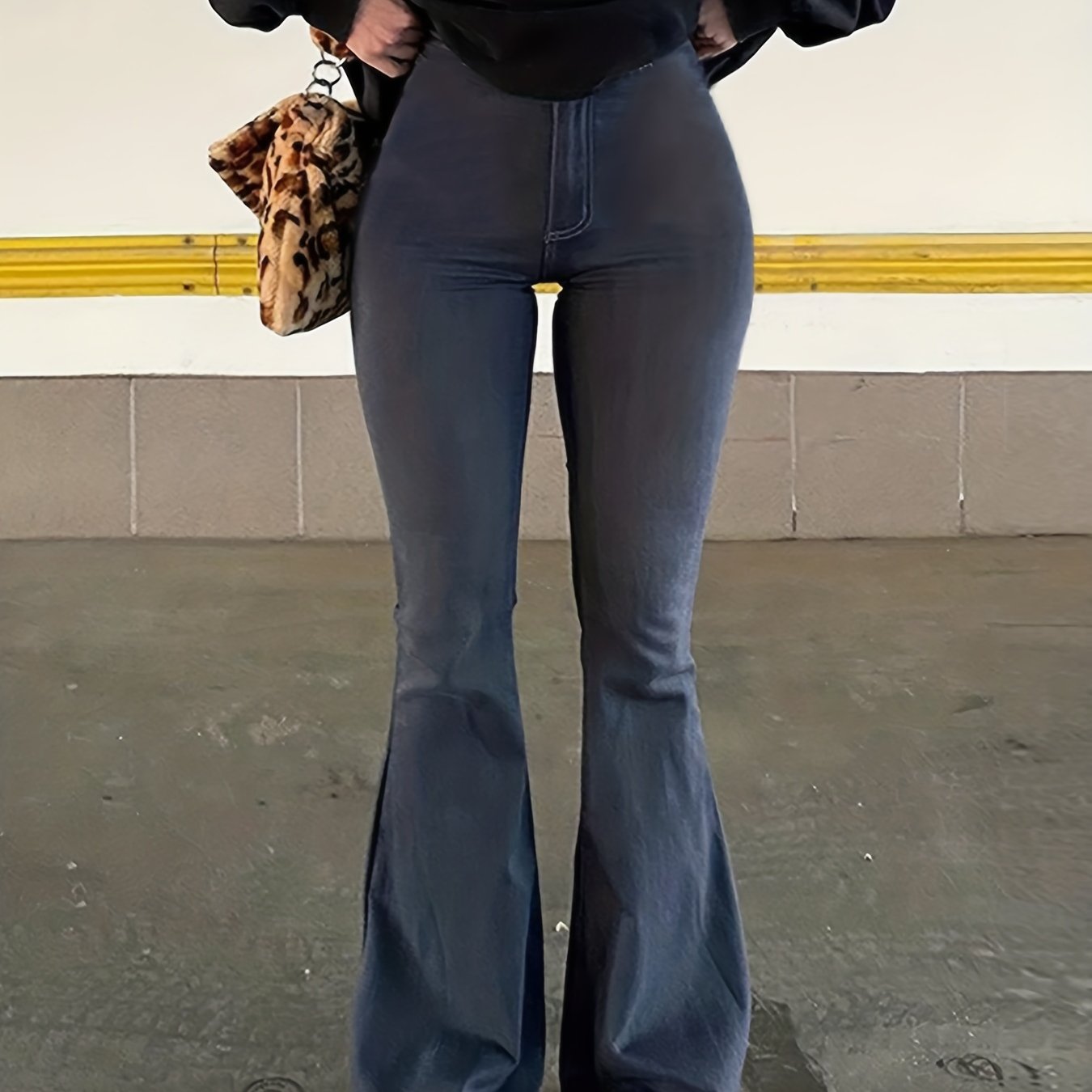 Sixsr Denim Print Flare Leg Pants, Vintage High Waist Pants For Fall & Winter, Women's Clothing