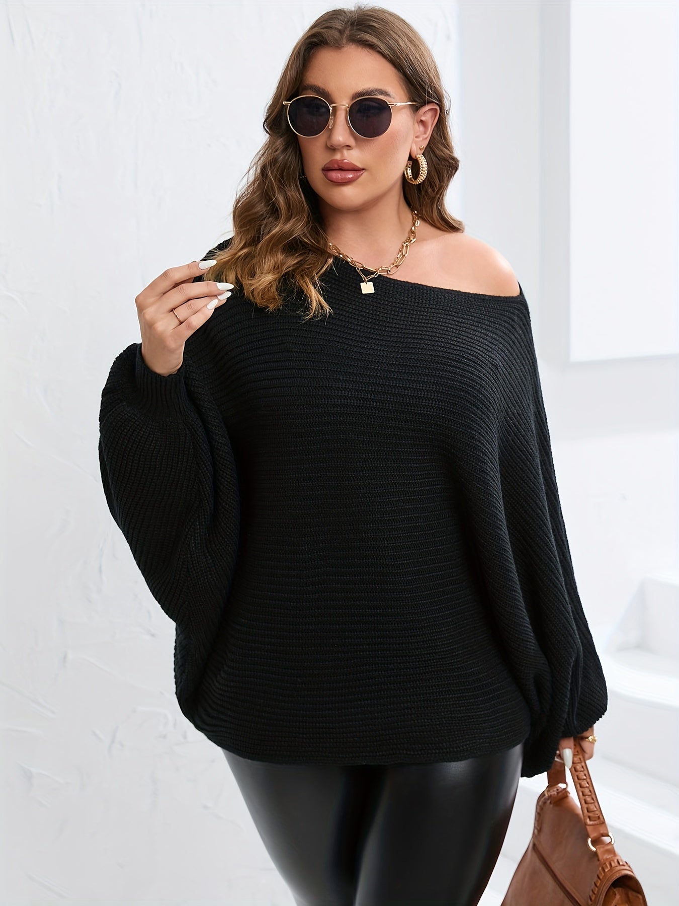 Sixsr Plus Size Off Shoulder Batwing Solid Sweater, Women's Plus Casual Slight Stretch Sweater
