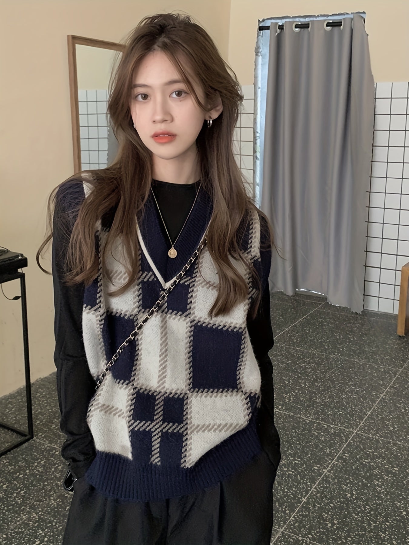 Sixsr Plaid V Neck Sweater Vest, Vintage Sleeveless Vest For Spring & Fall, Women's Clothing