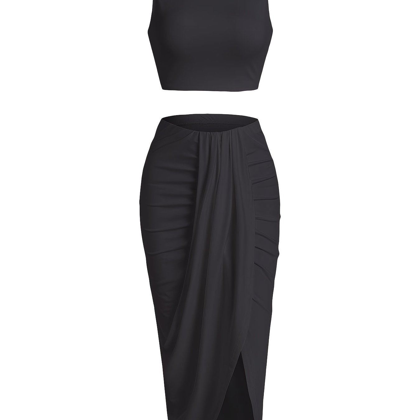Two-piece Skirt Set, Crop Tank Top & Ruched Split Front Skirt Outfits, Women's Clothing