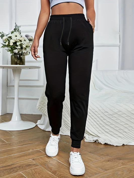 Solid Drawstring Fitted Bottom Joggers, Casual Sporty Pants For Spring & Fall, Women's Clothing