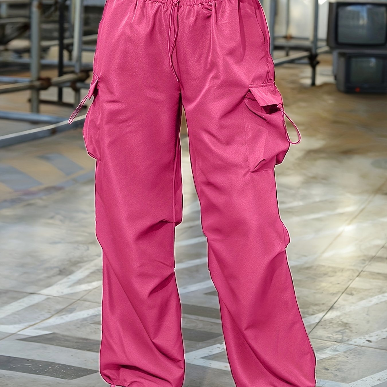 Sixsr Plus Size Casual Pants, Women's Plus Solid Elastic Drawstring High Rise Loose Parachute Cargo Pants With Pockets