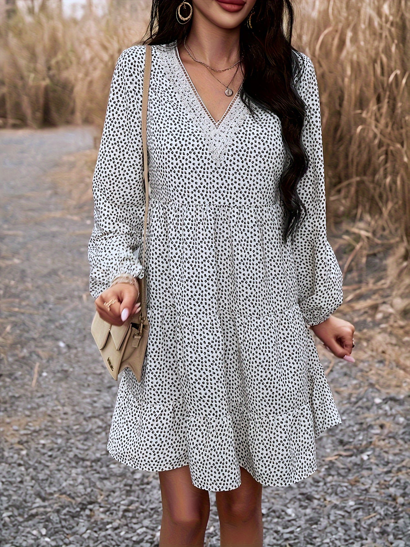 Sixsr All Over Print V Neck Dress, Casual Long Sleeve Lace Trim Dress, Women's Clothing