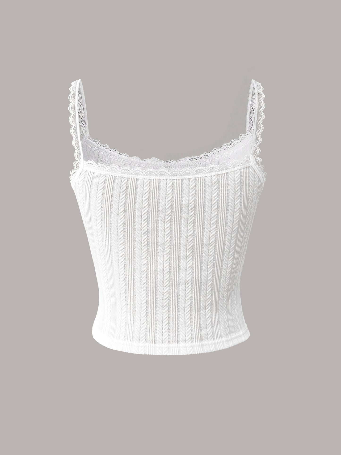 Sixsr Jacquard Lace Trim Spaghetti Strap Top, Casual Sleeveless Cami Top For Summer, Women's Clothing