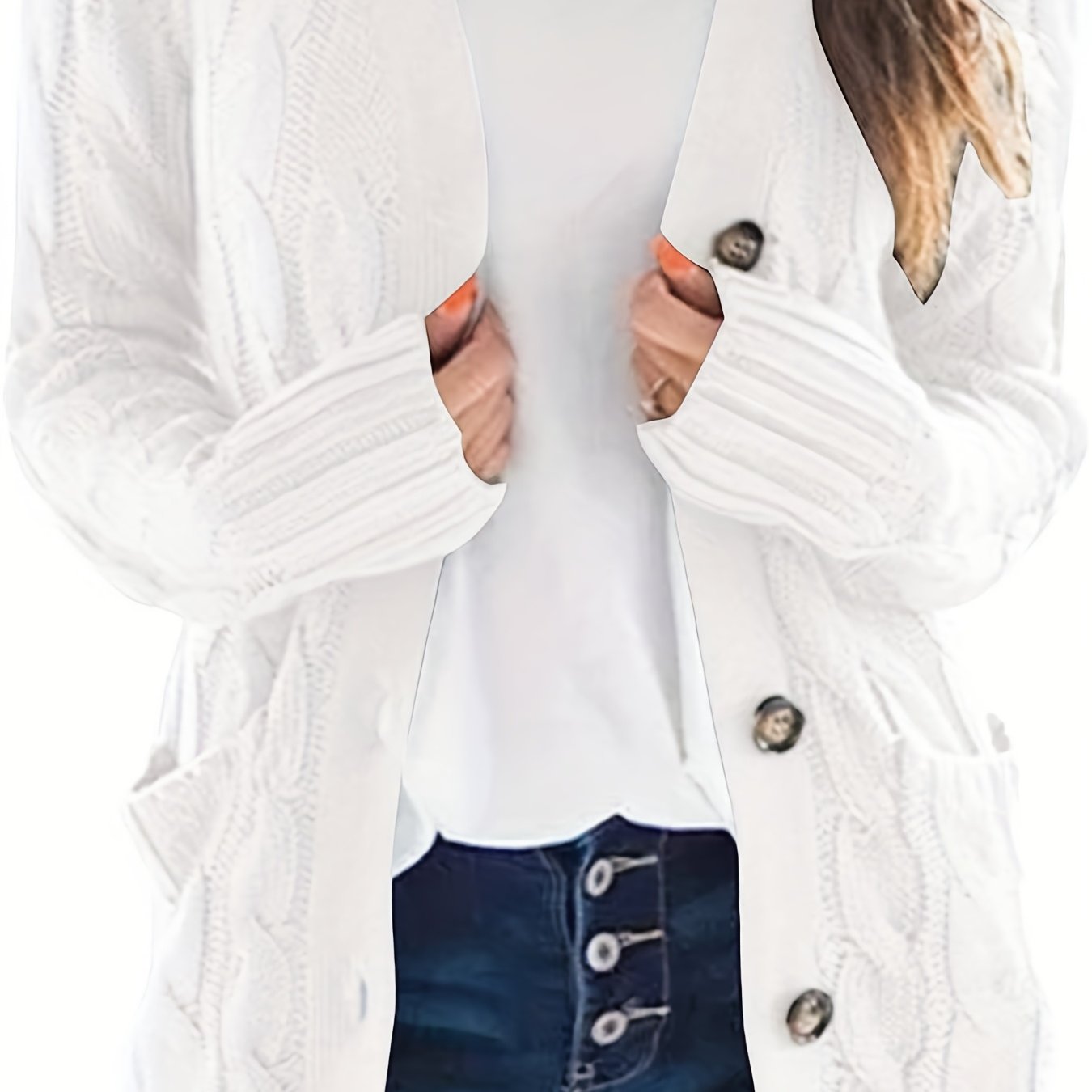 Sixsr Cable Knit Button Front Cardigan, Casual Solid Long Sleeve Cardigan For Fall & Winter, Women's Clothing