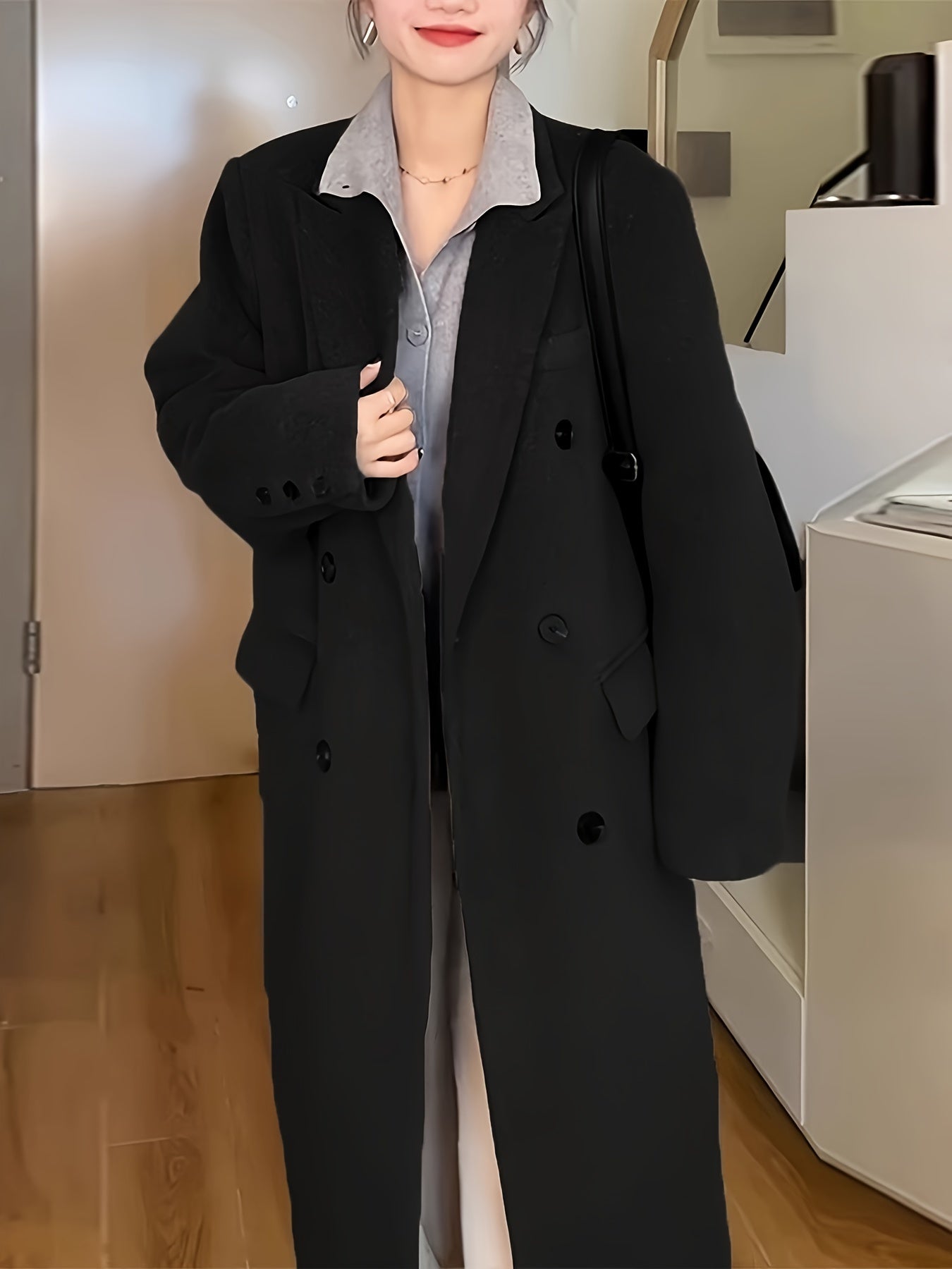 Sixsr Notched Collar Double-breasted Coat, Casual Long Sleeve Midi Overcoat For Fall & Winter, Women's Clothing