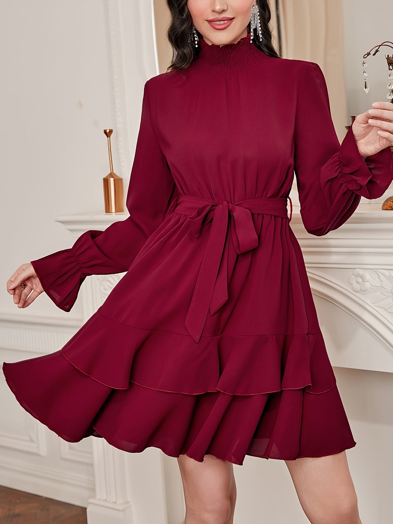 Sixsr Ruffle Hem Layered Dress, Elegant Long Sleeve High Neck Dress, Women's Clothing