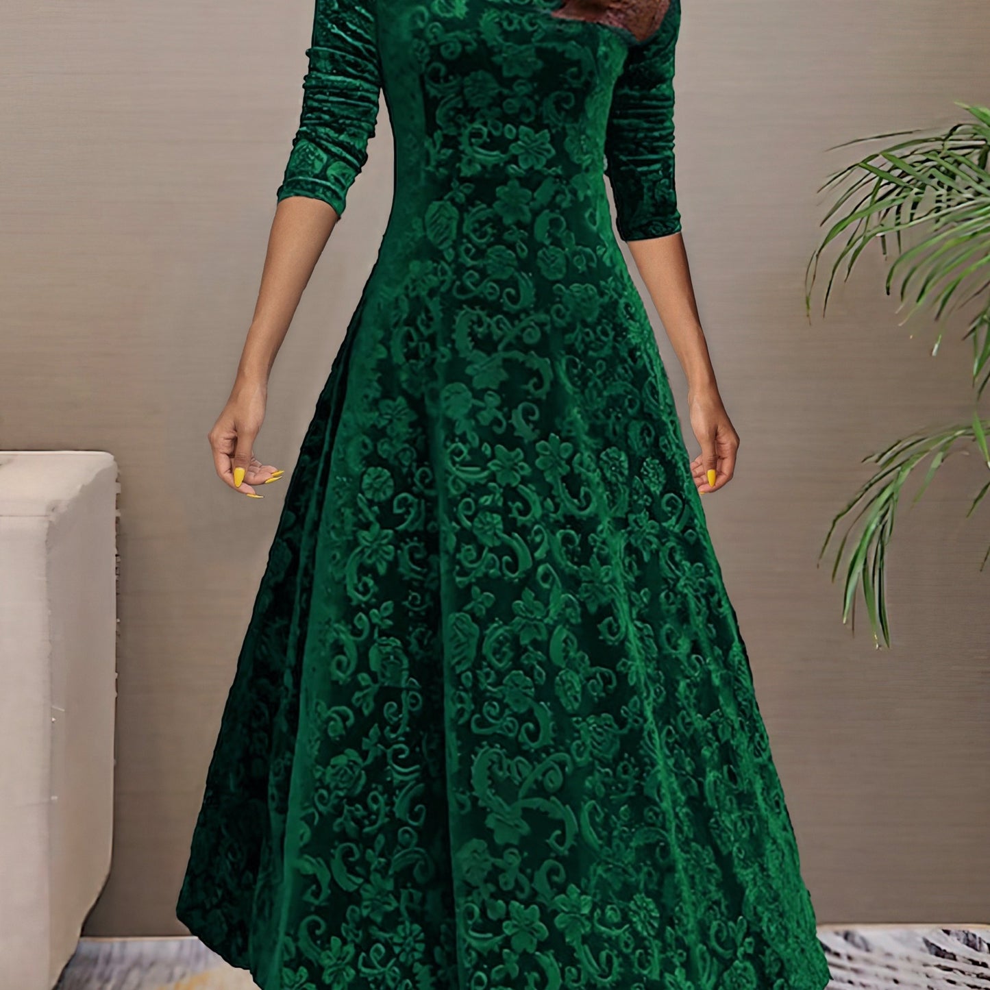 Sixsr Solid Color Long Sleeve Dress, Elegant V Neck Flared Dress For Spring & Fall, Women's Clothing
