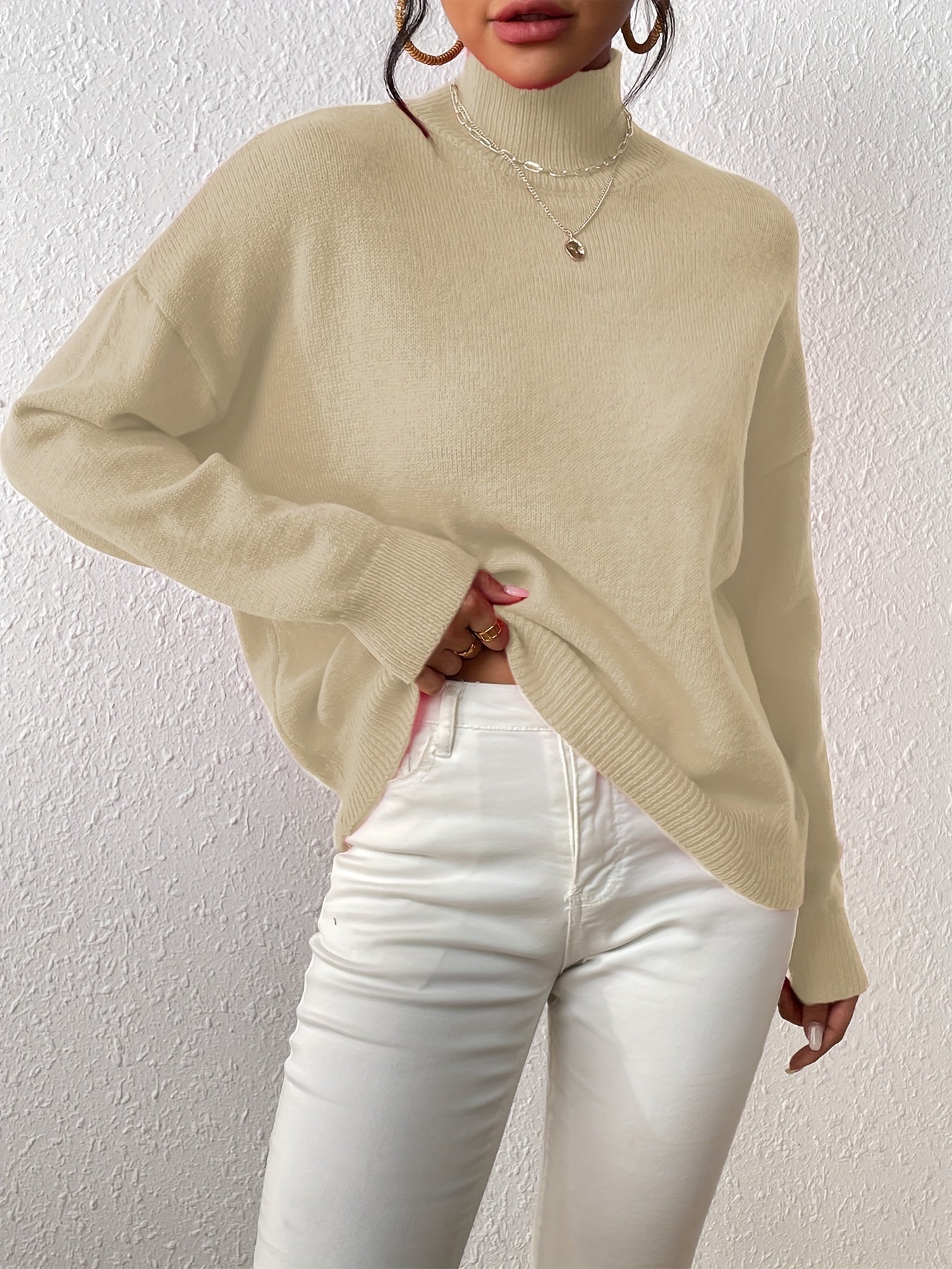 Sixsr Solid Mock Neck Knit Sweater, Casual Drop Shoulder Long Sleeve Sweater, Women's Clothing