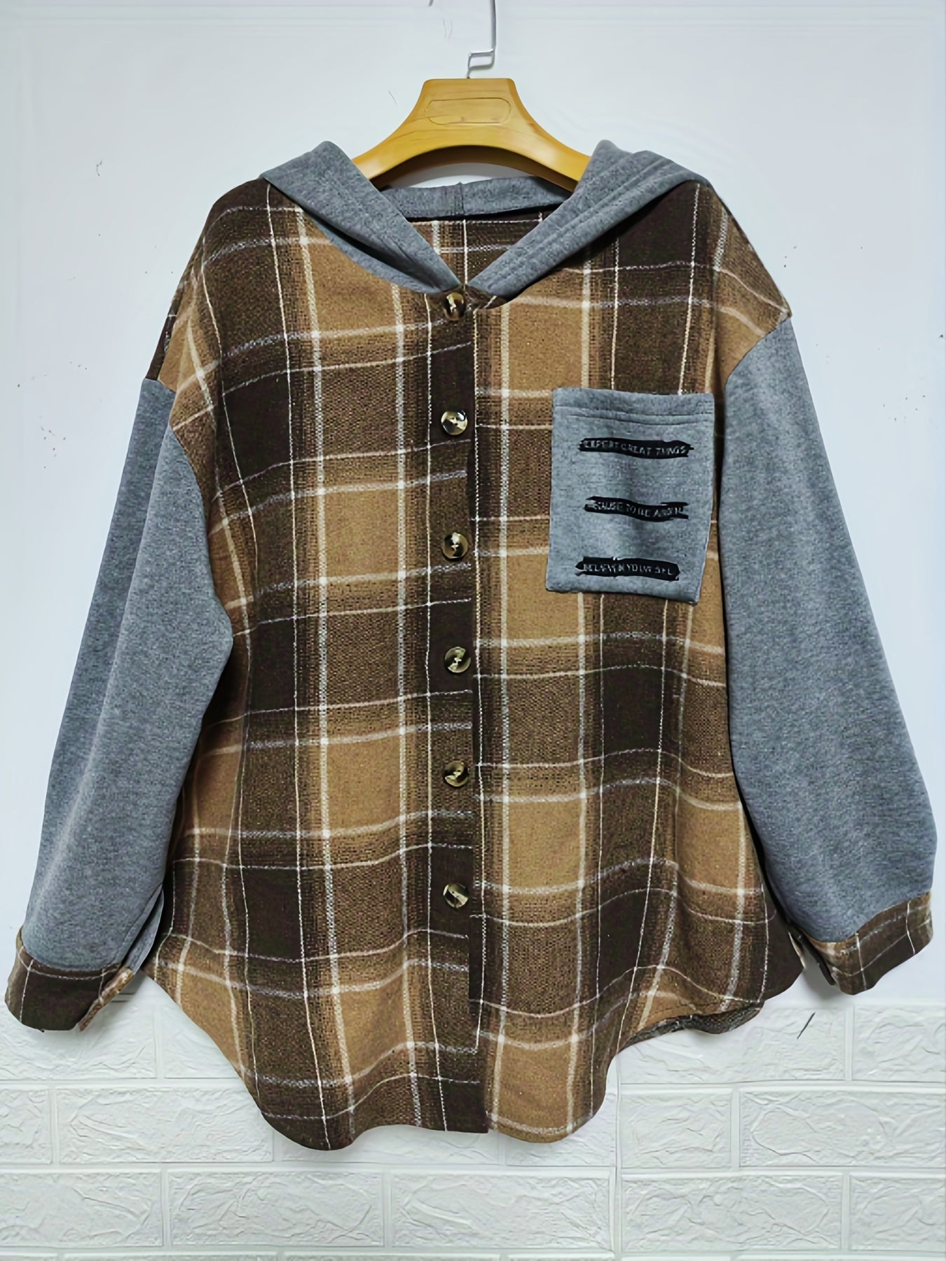Sixsr Plus Size Casual Coat, Women's Plus Colorblock Plaid & Letter Print Button Up Long Sleeve Hoodie Shirt Coat
