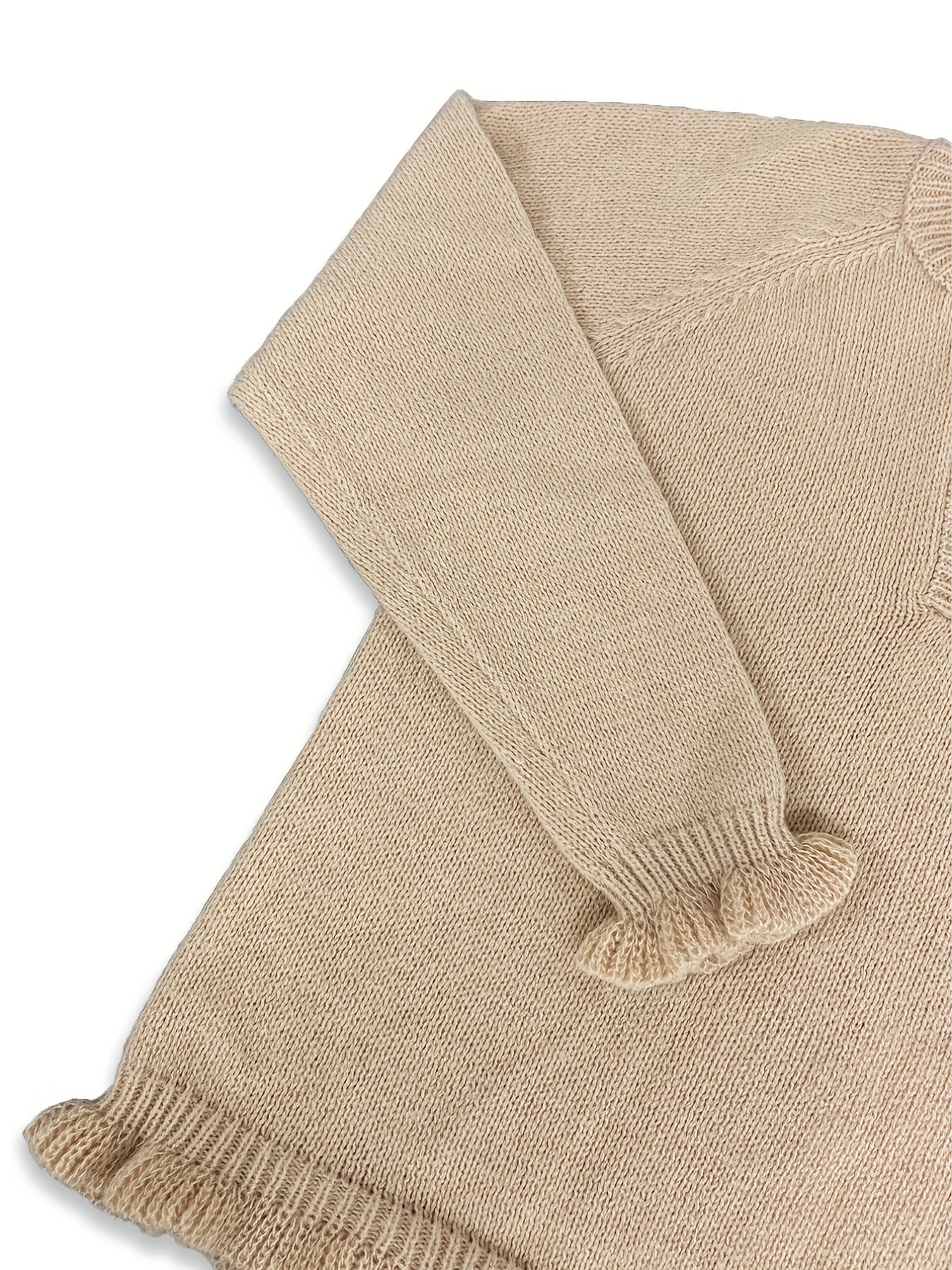 Sixsr Solid V Neck Button Ruffle Hem Pullover Sweater, Casual Long Sleeve Sweater For Fall & Winter, Women's Clothing