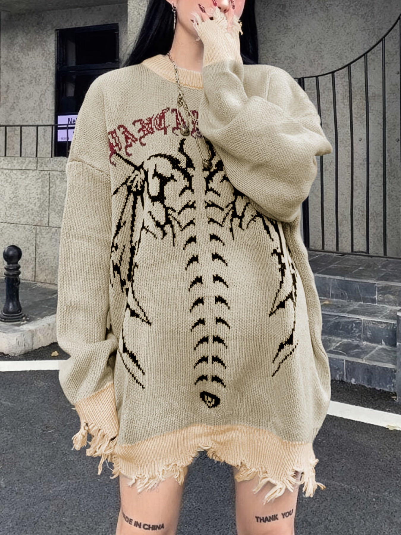 Sixsr Y2K Ripped Skeleton Pattern Dress, Crew Neck Long Sleeve Street Wear Dress, Women's Clothing