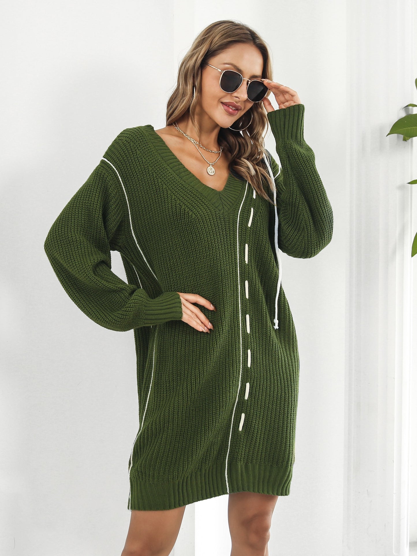 Sixsr Women's Sweater Drawstring Sweater Skirt V Neck Long Sleeve Knit Sweater Dress