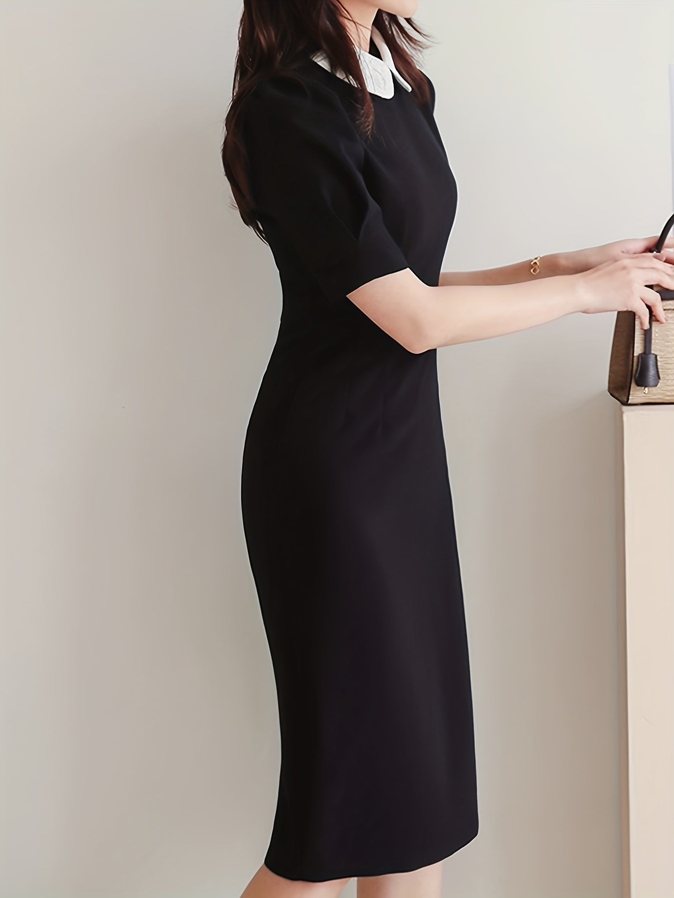 Sixsr Flat Collar Bodycon Dress, Elegant Short Sleeve Midi Dress, Women's Clothing