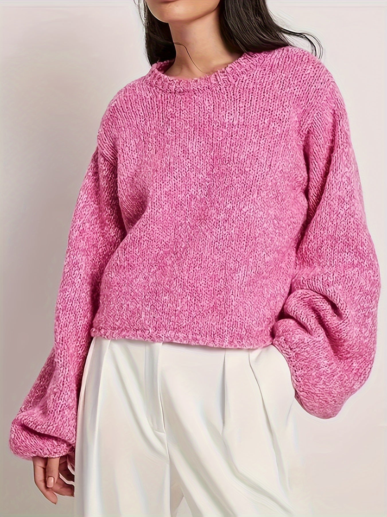 Solid Color Crew Neck Pullover Sweater, Casual Tie Back Long Sleeve Knitted Sweater For Fall & Spring, Women's Clothing