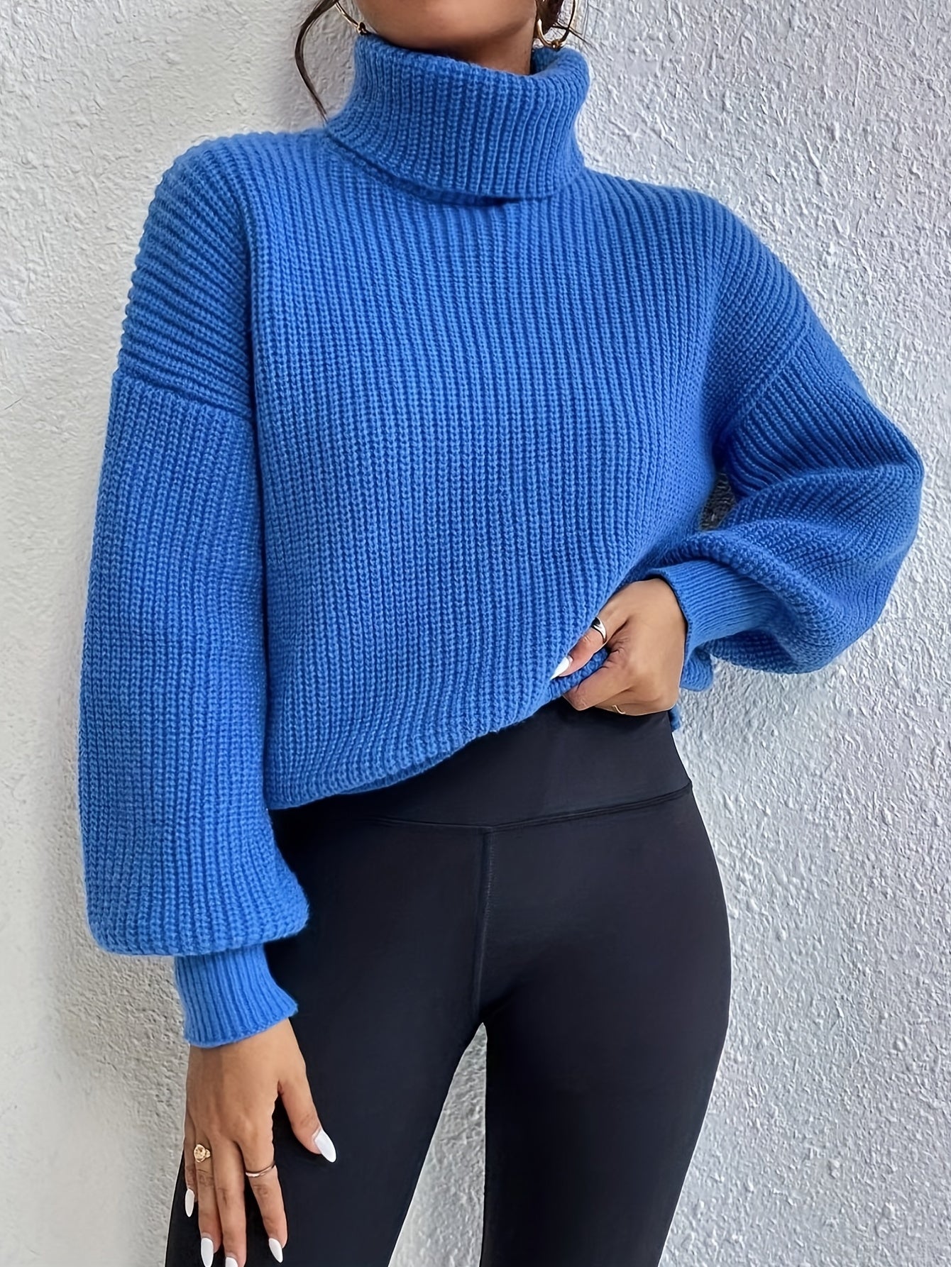 Sixsr Solid Turtle Neck Sweater, Casual Long Sleeve Drop Shoulder Sweater, Women's Clothing
