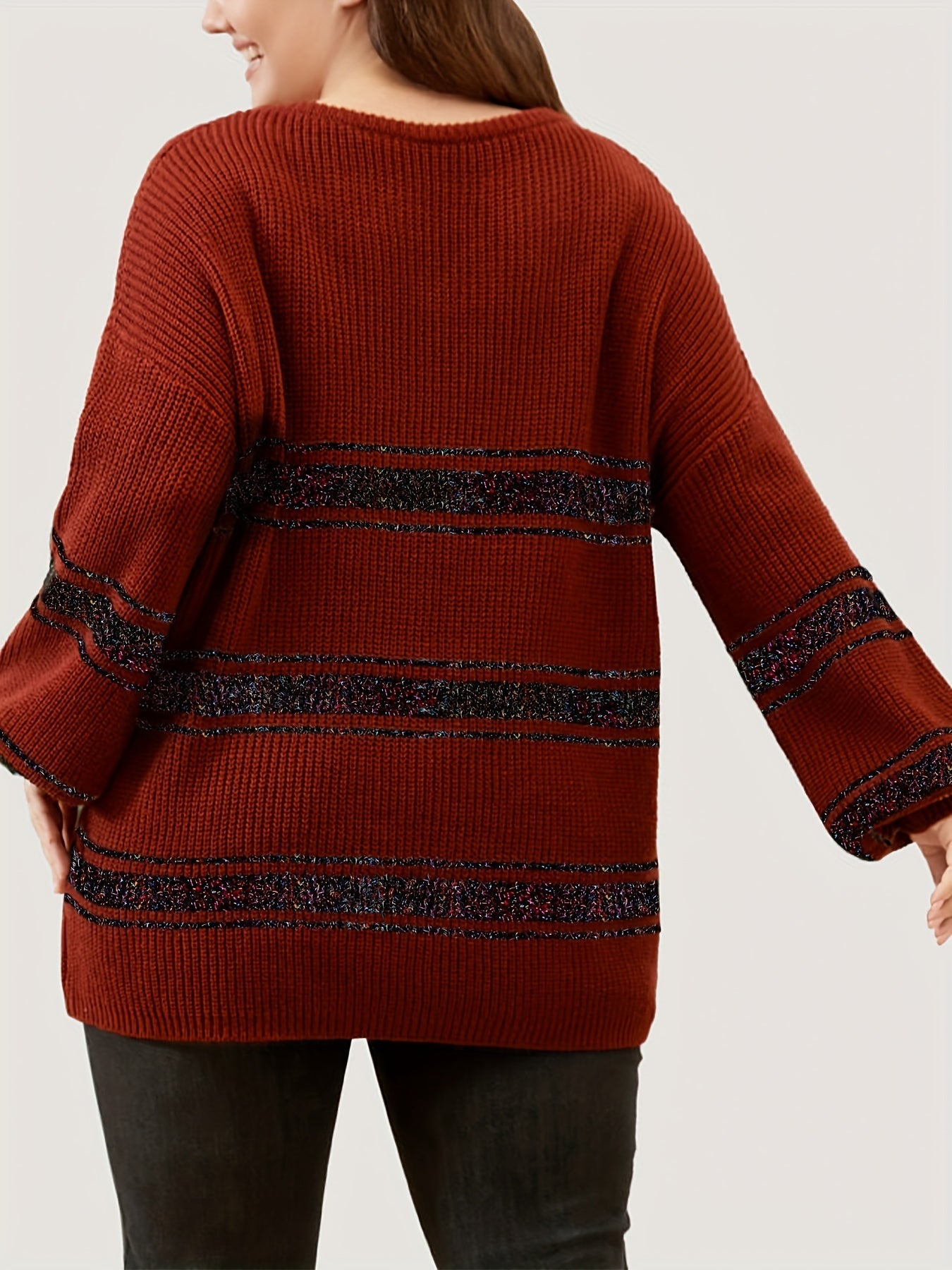 Sixsr Plus Size Casual Sweater, Women's Plus Colorblock Striped Sequin Lantern Sleeve Round Neck Pullover Sweater