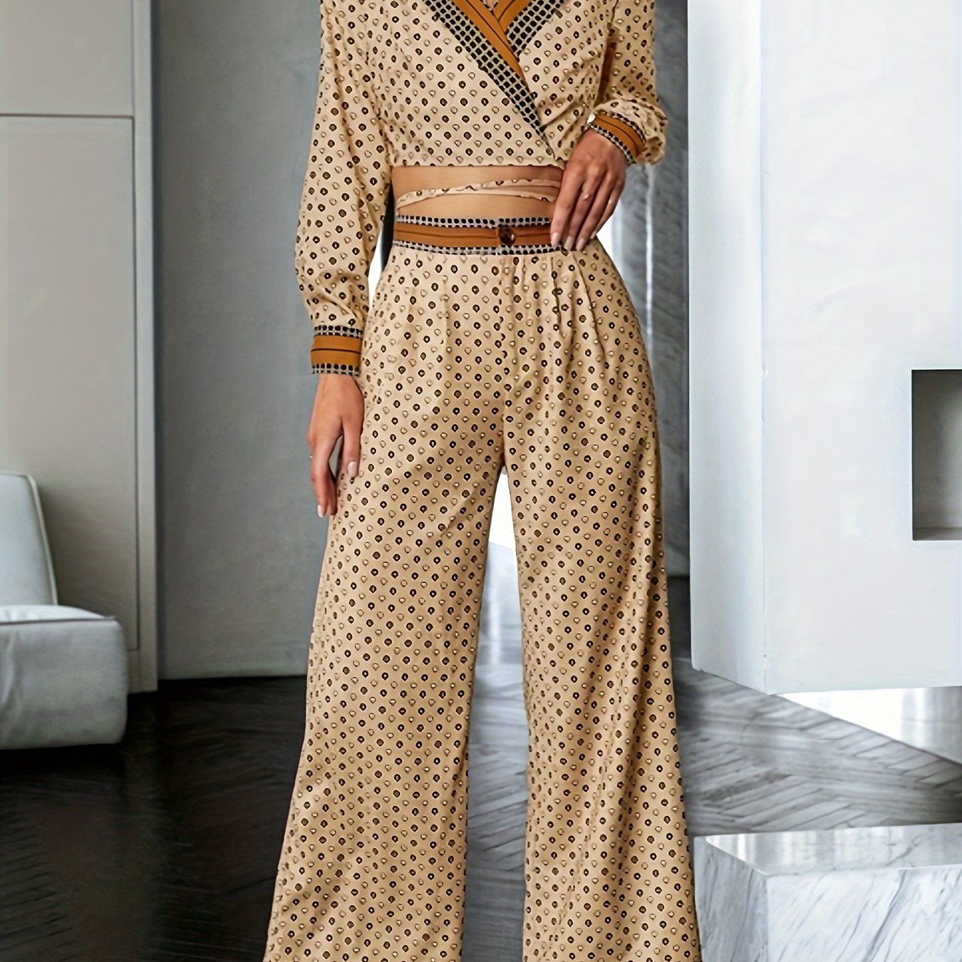 Sixsr Allover Print Two-piece Set, Lace Up Lapel Neck Long Sleeve Crop Top & Pants Outfits, Women's Clothing
