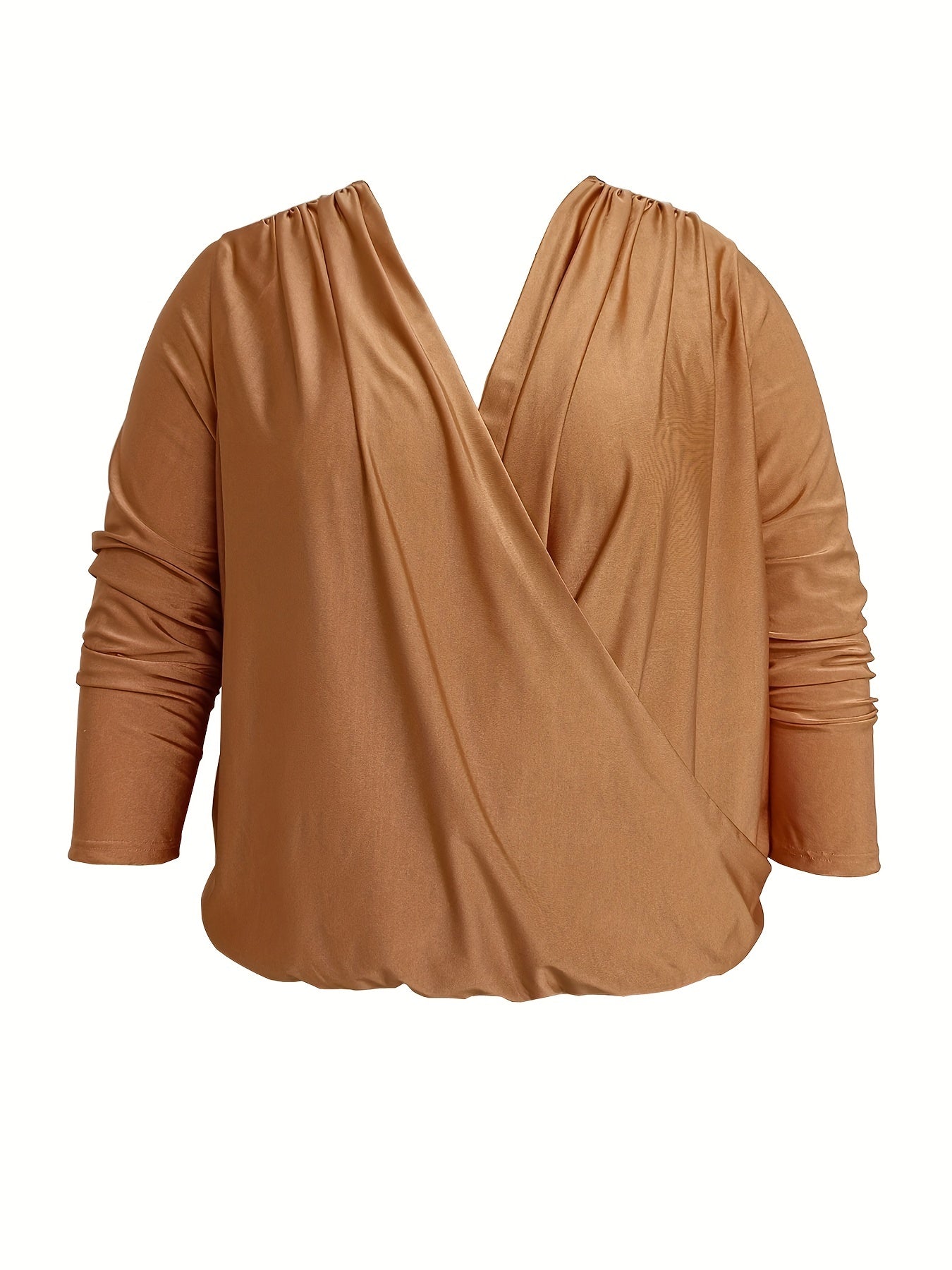 Sixsr Plus Size Casual Top, Women's Plus Solid Long Sleeve Surplice Neck Slight Stretch Top