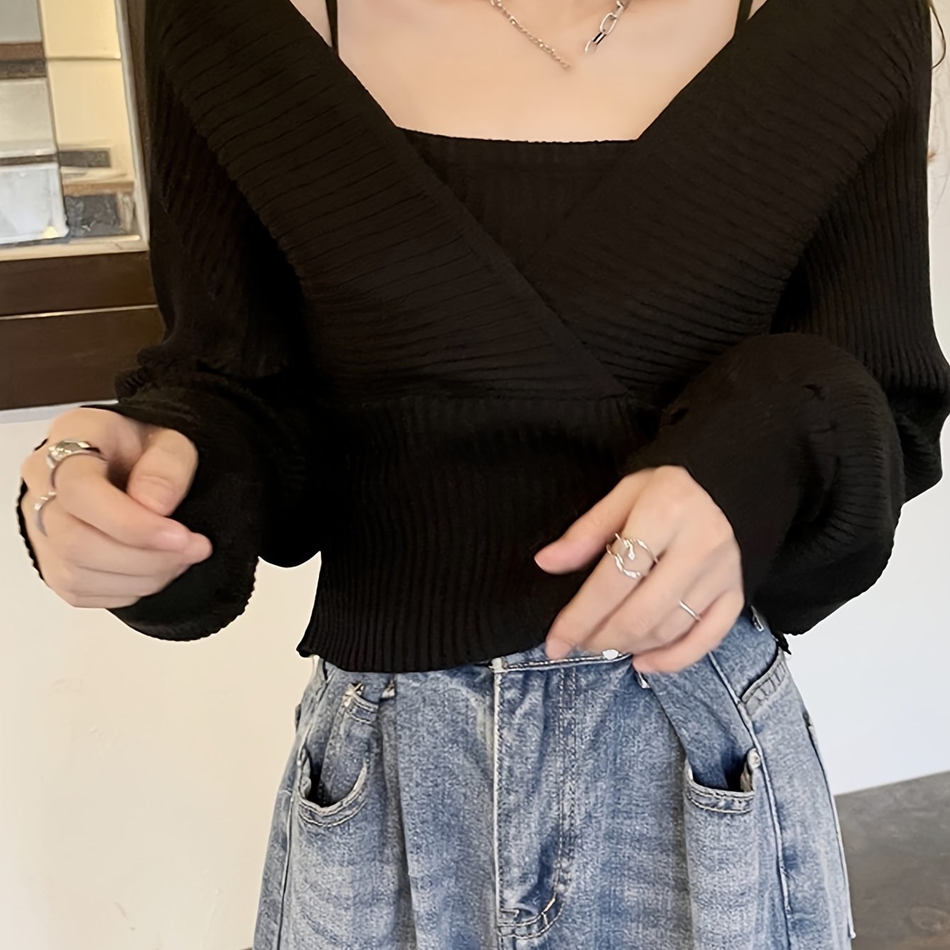 Sixsr Solid Color Faux Twinset Sweater, Chic Long Sleeve Crop Tied Sweater For Fall & Winter, Women's Clothing