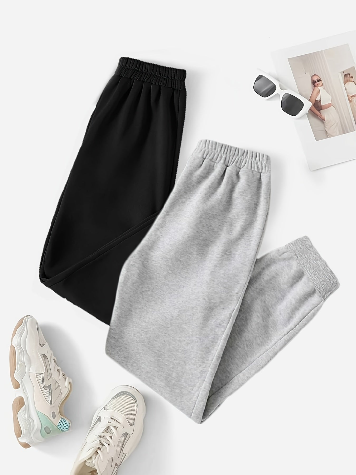 Sixsr Solid Workout 2 Pieces Pants, Casual Elastic Waist Jogger Pants, Women's Clothing