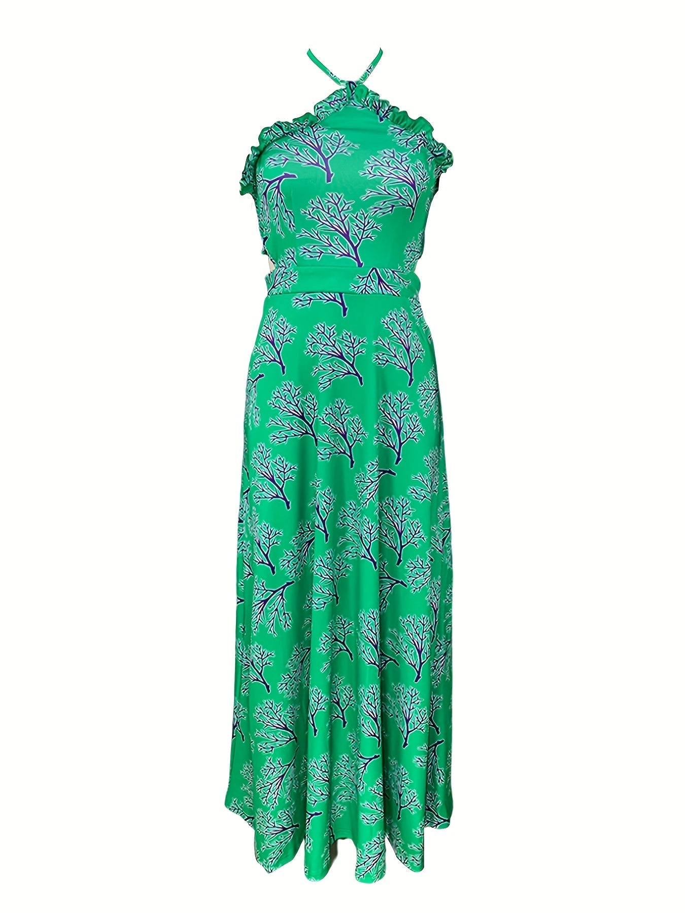 Sixsr Plant Print Halter Neck Dress, Boho Sleeveless High Waist Maxi Dress, Women's Clothing