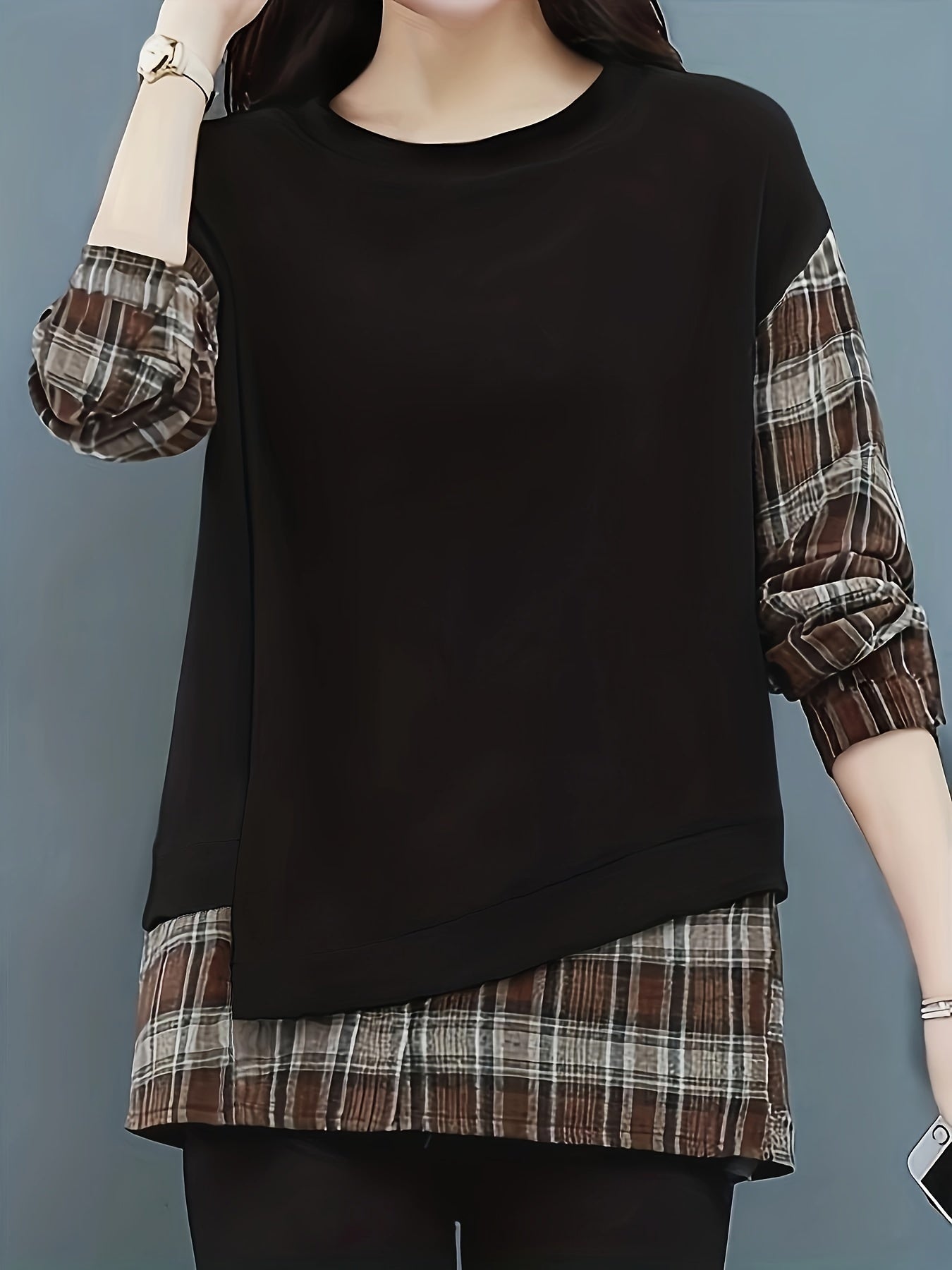 Sixsr Long Sleeve Plaid Pullover, Crew Neck Casual Top For Spring & Fall, Women's Clothing