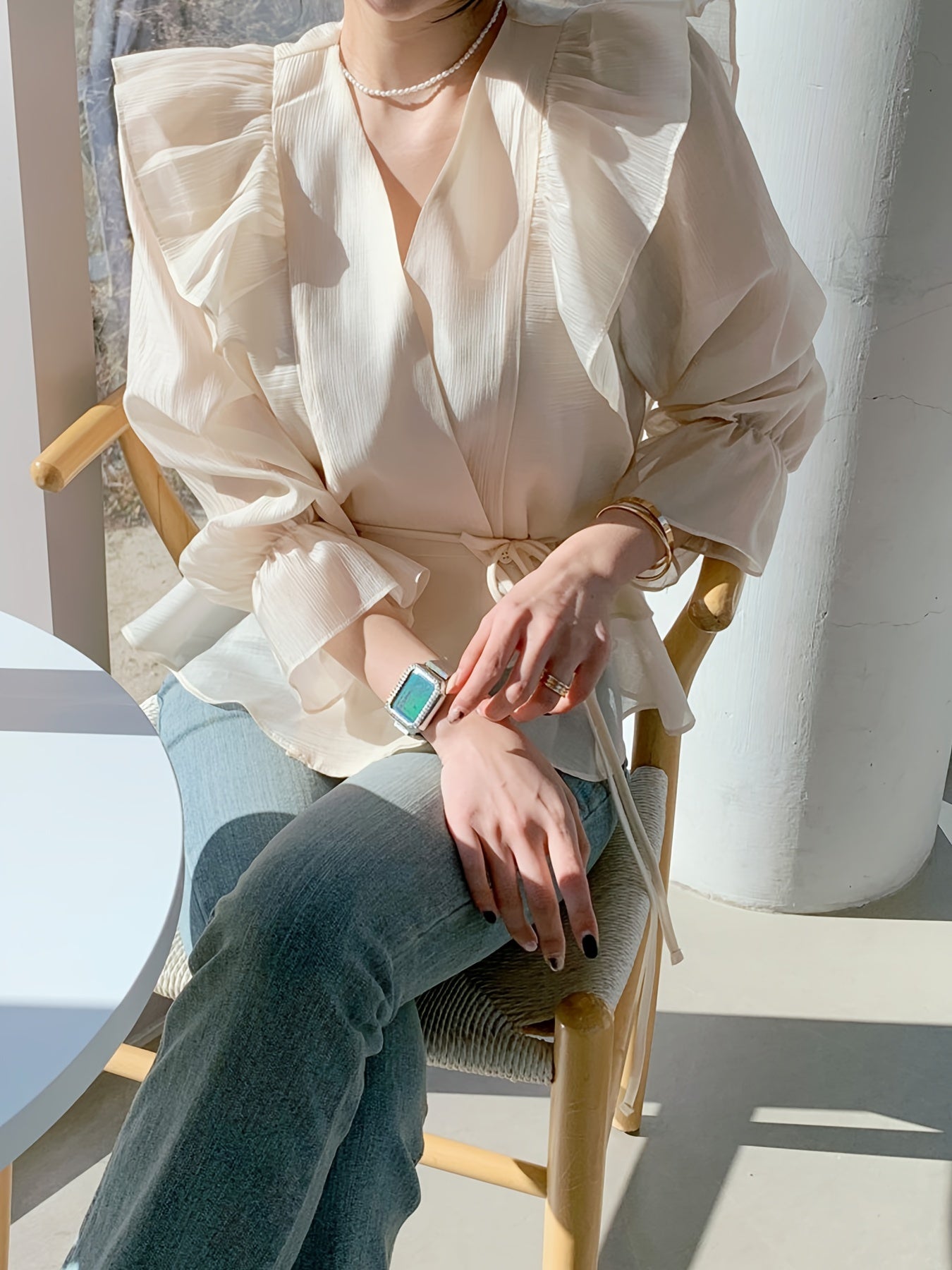 Sixsr Ruffle Trim V Neck Tiered Blouse, Chic Lantern Sleeve Tied Blouse For Spring & Fall, Women's Clothing